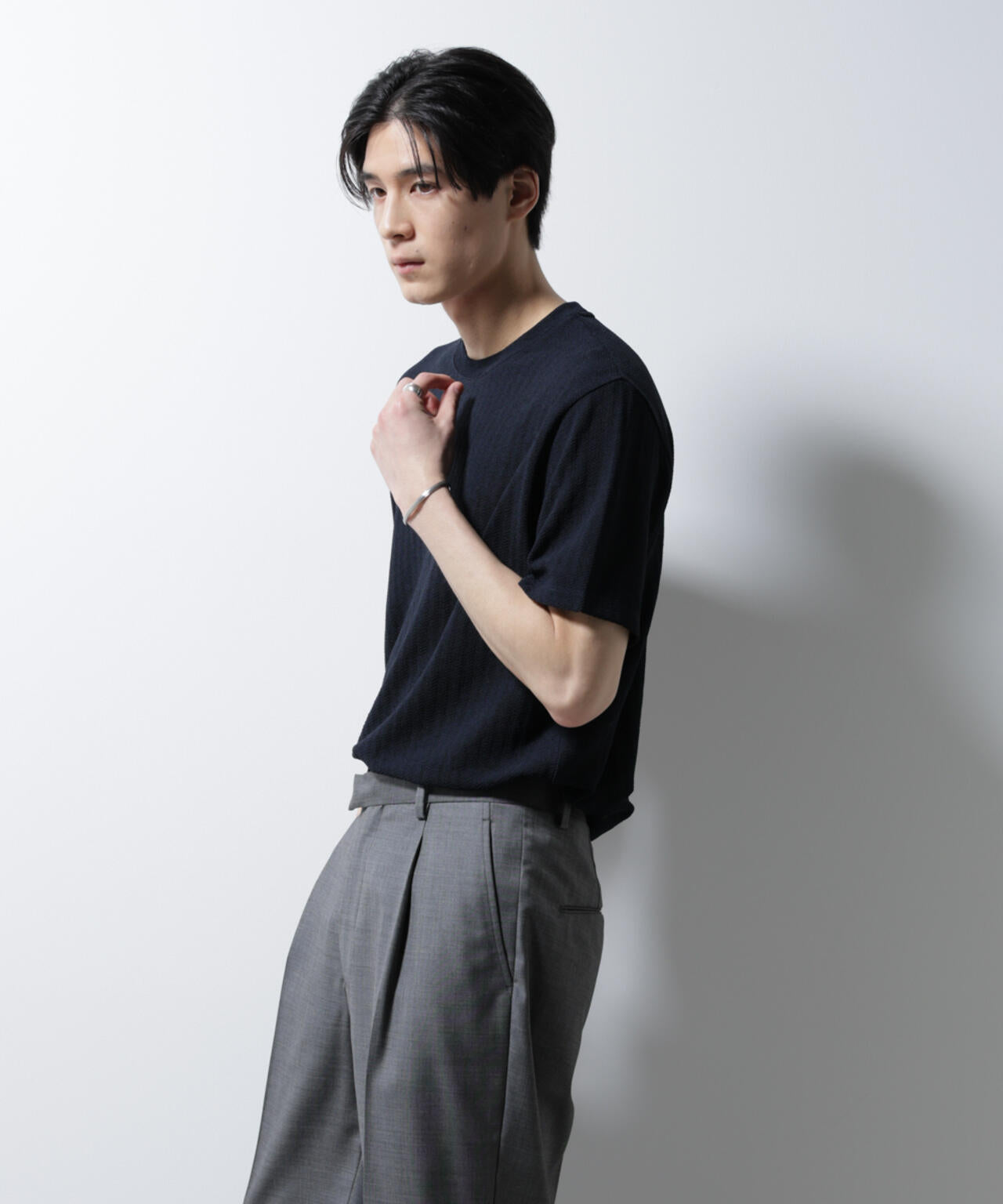 「Damerino」ヘリンボンクルーネックTシャツ/防シワ・吸水速乾・UVカット