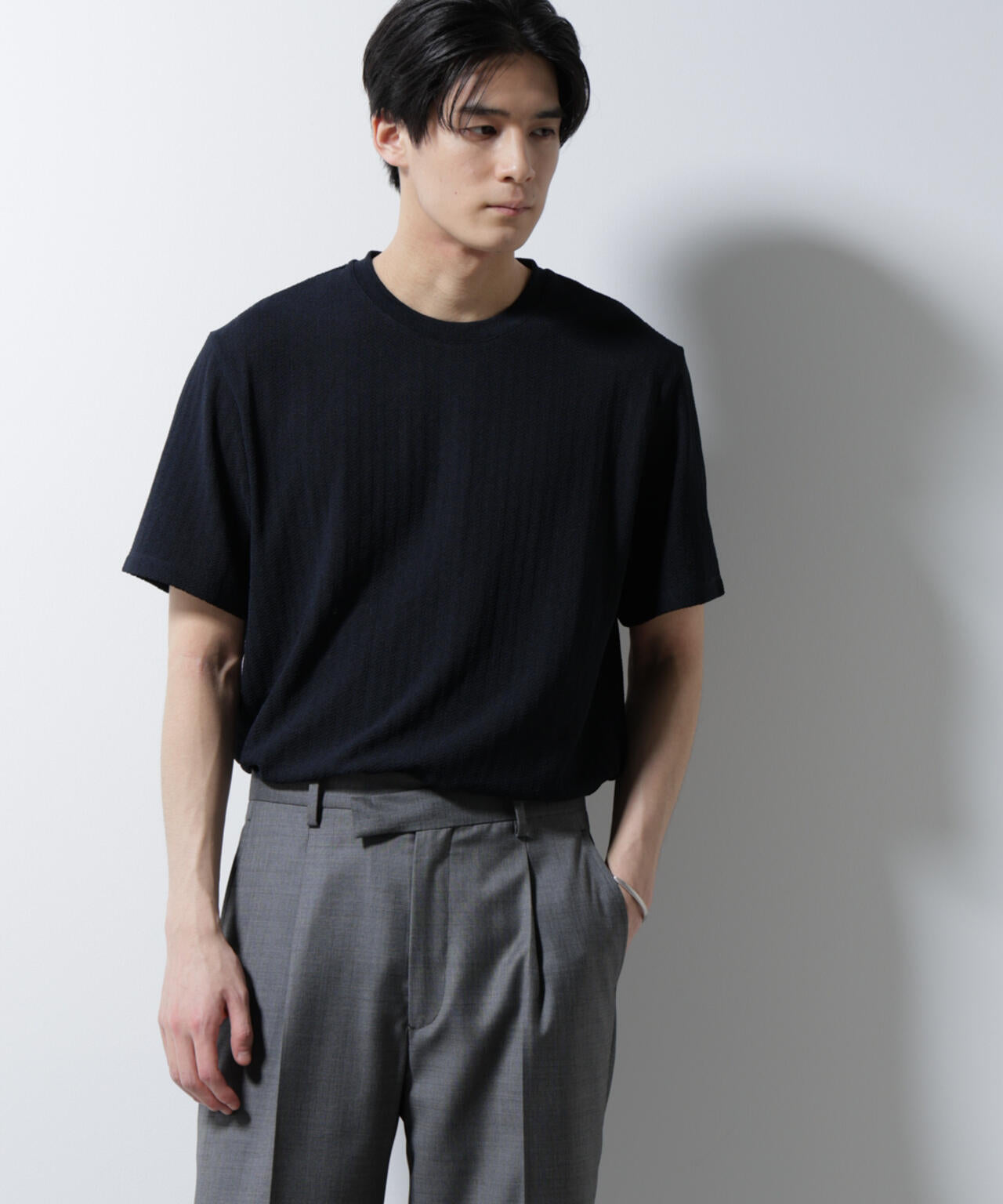 「Damerino」ヘリンボンクルーネックTシャツ/防シワ・吸水速乾・UVカット