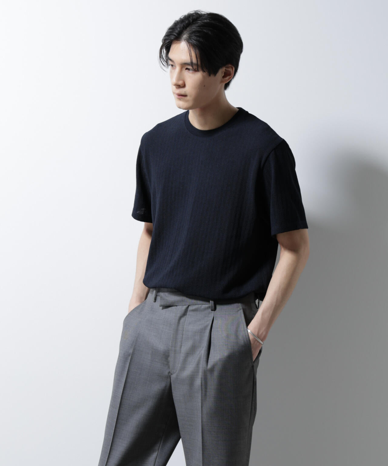 「Damerino」ヘリンボンクルーネックTシャツ/防シワ・吸水速乾・UVカット