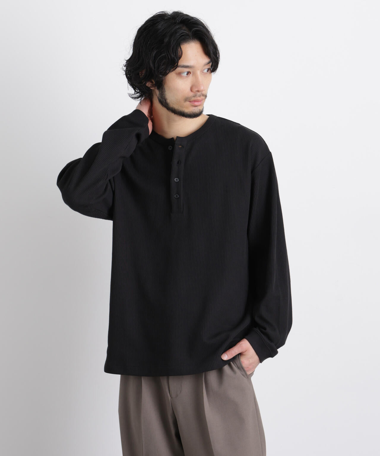 「ASSEMBLANC」 ドロップニードルリブ ヘンリーネック