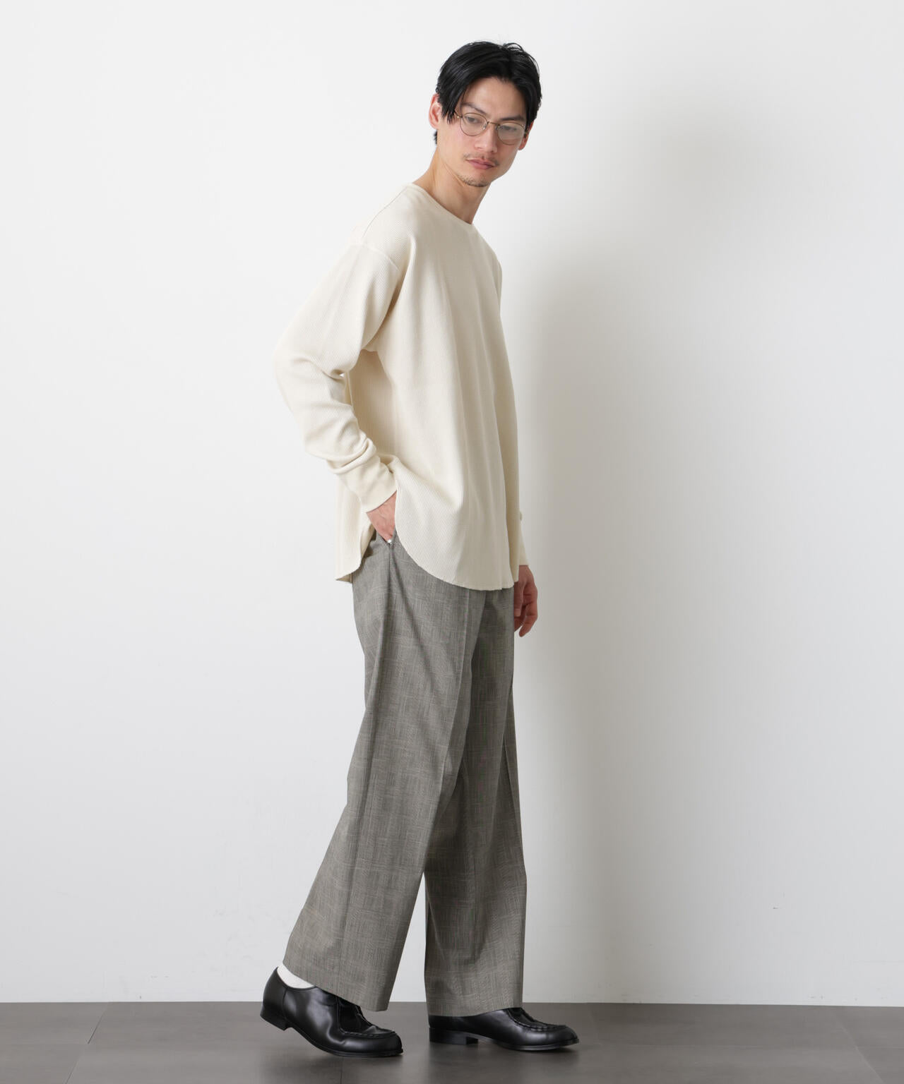 ミニワッフルクルーネックTシャツ 長袖