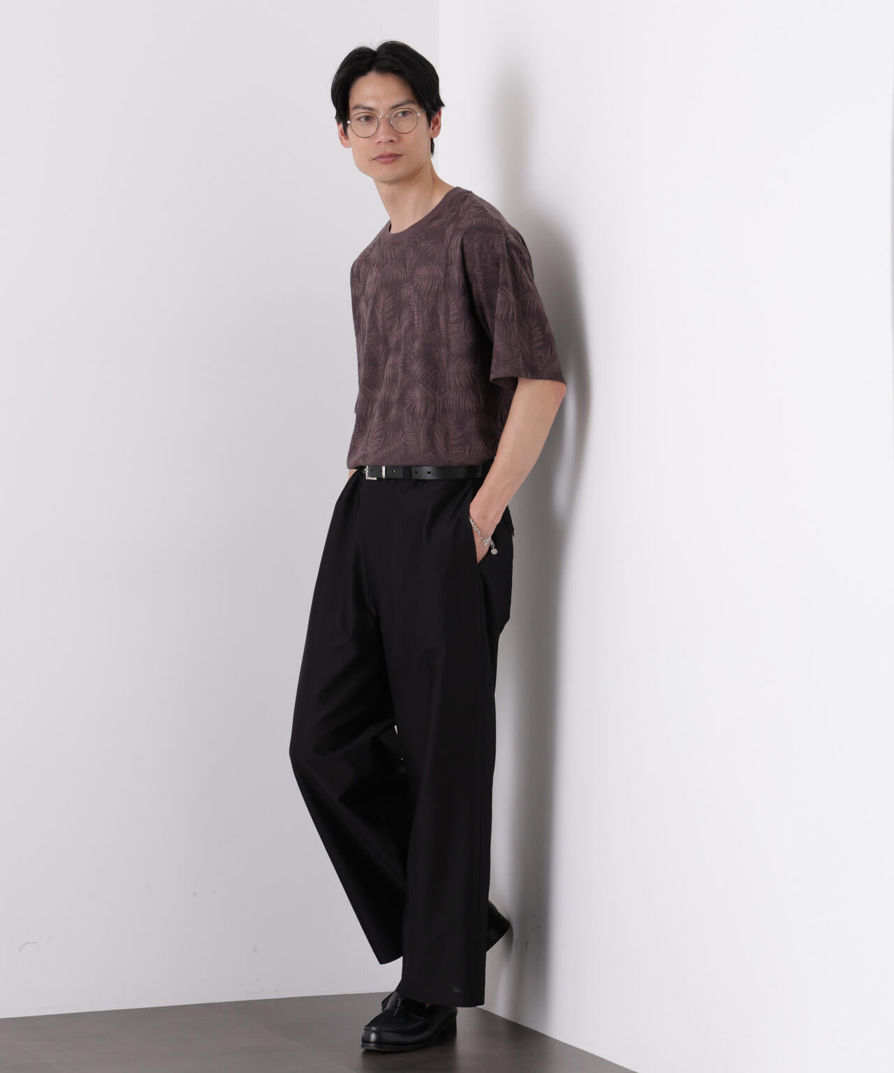 リンクスジャガードリーフ柄Tシャツ