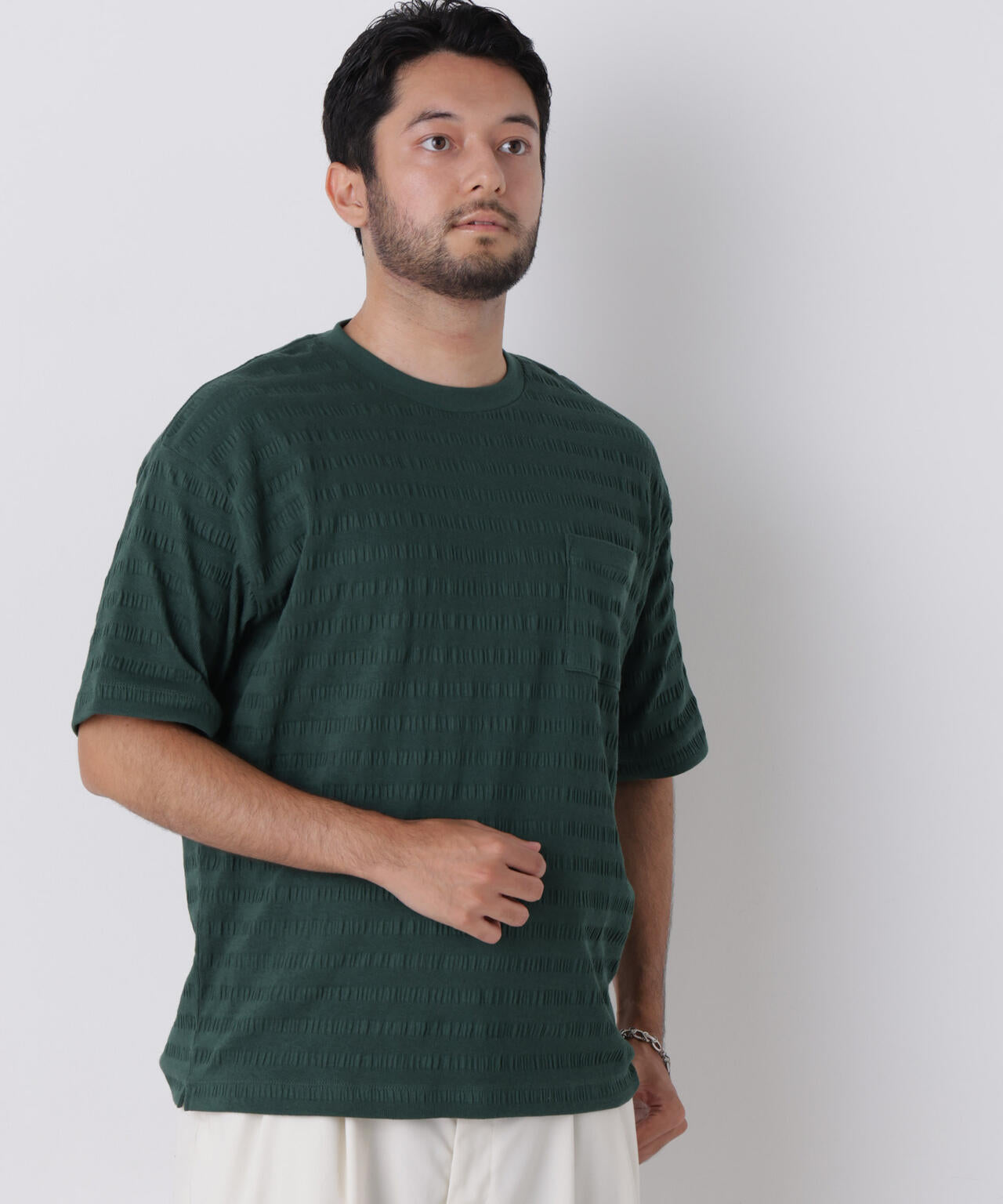 リブボーダーポケットTシャツ 半袖