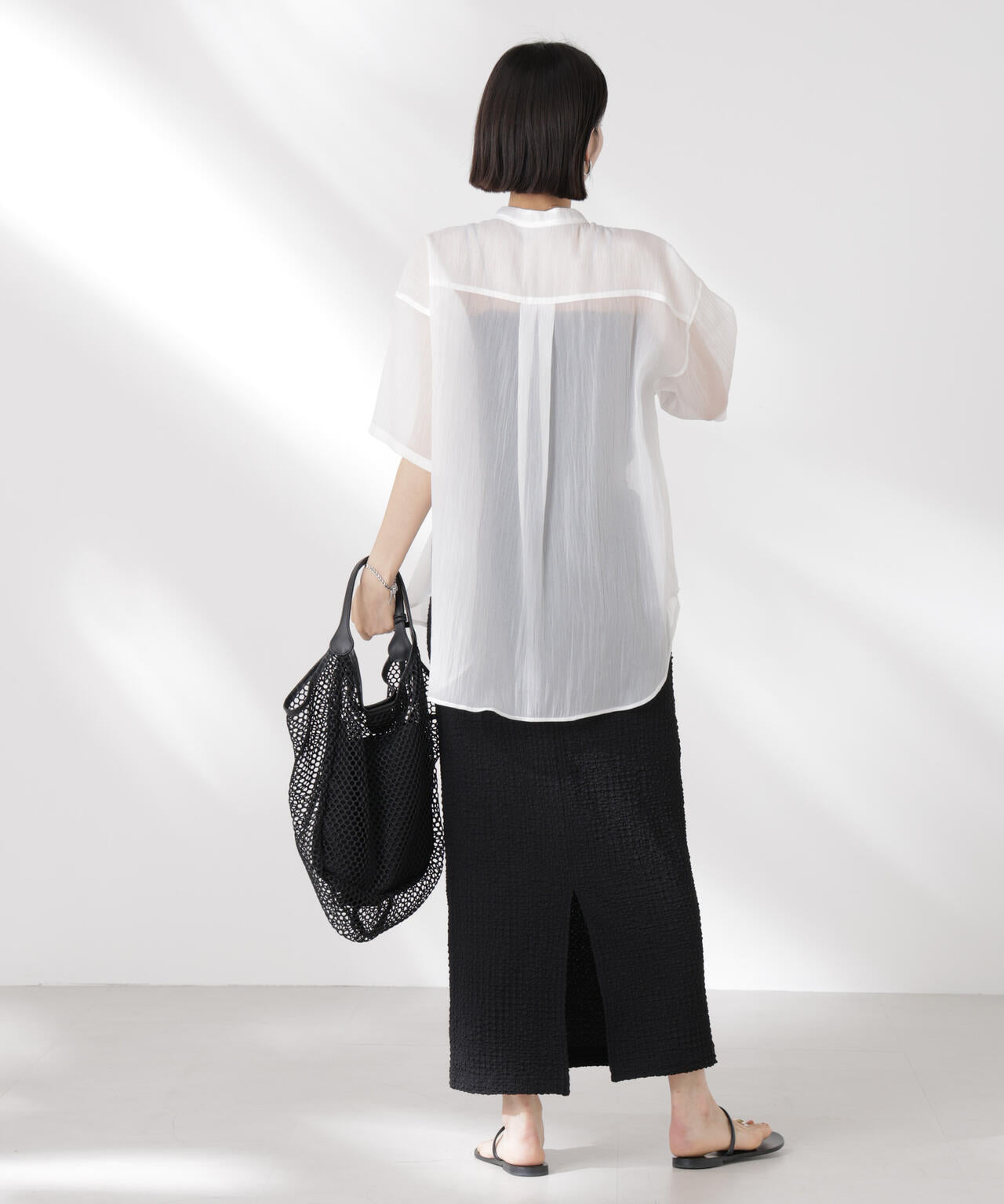 バンドカラーシアー半袖シャツ