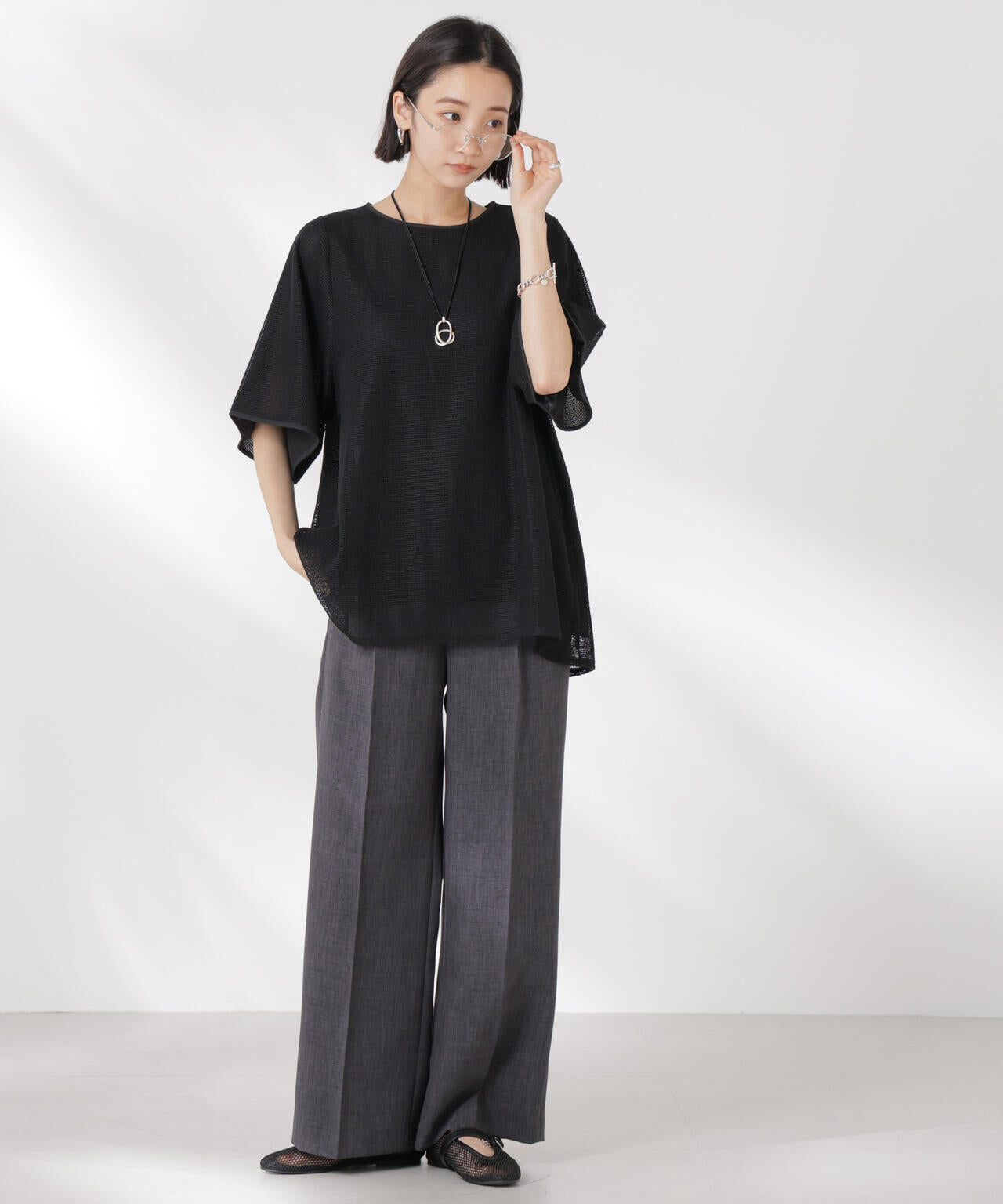 メッシュ×シフォンコンビチュニックトップス