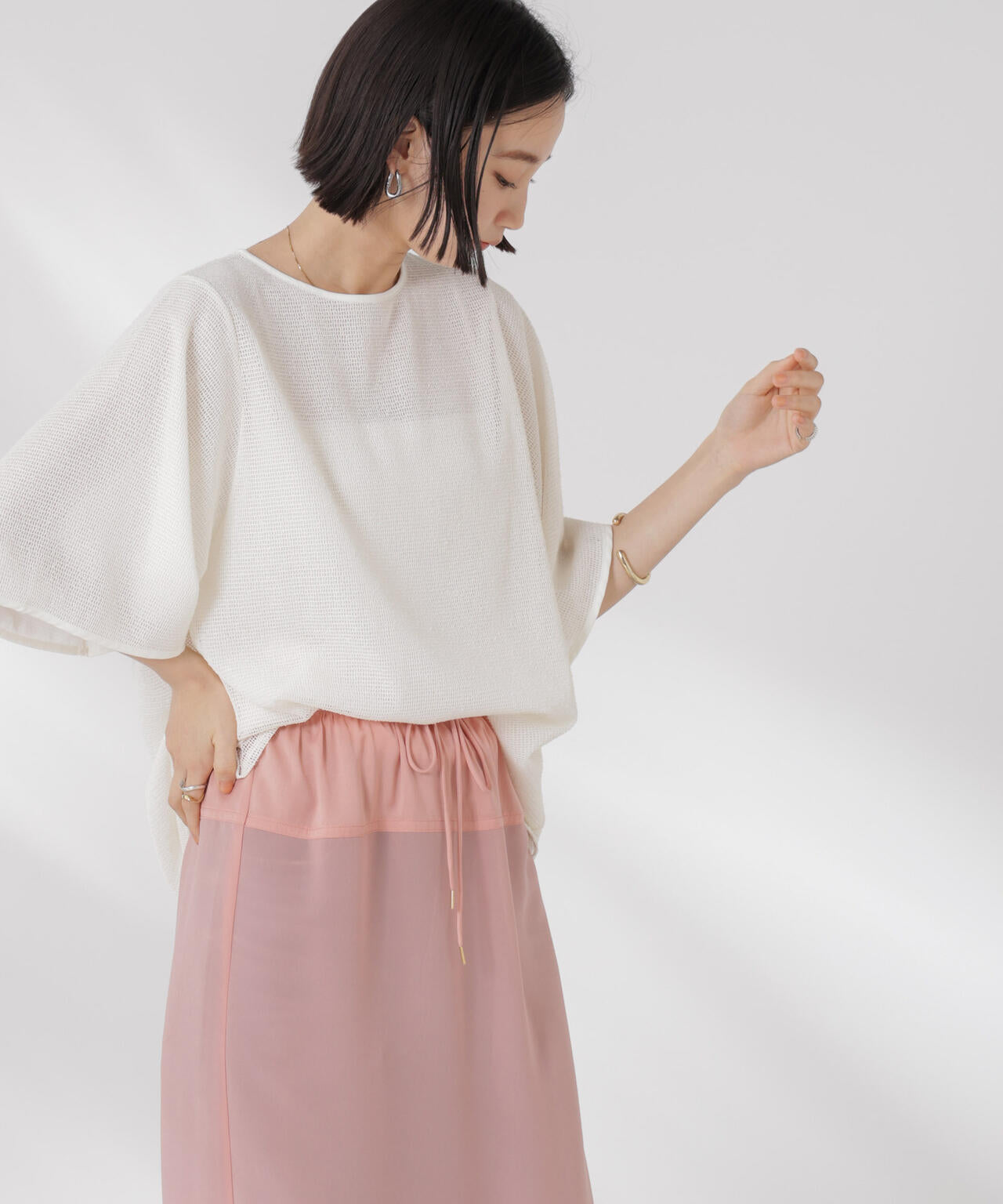 メッシュ×シフォンコンビチュニックトップス