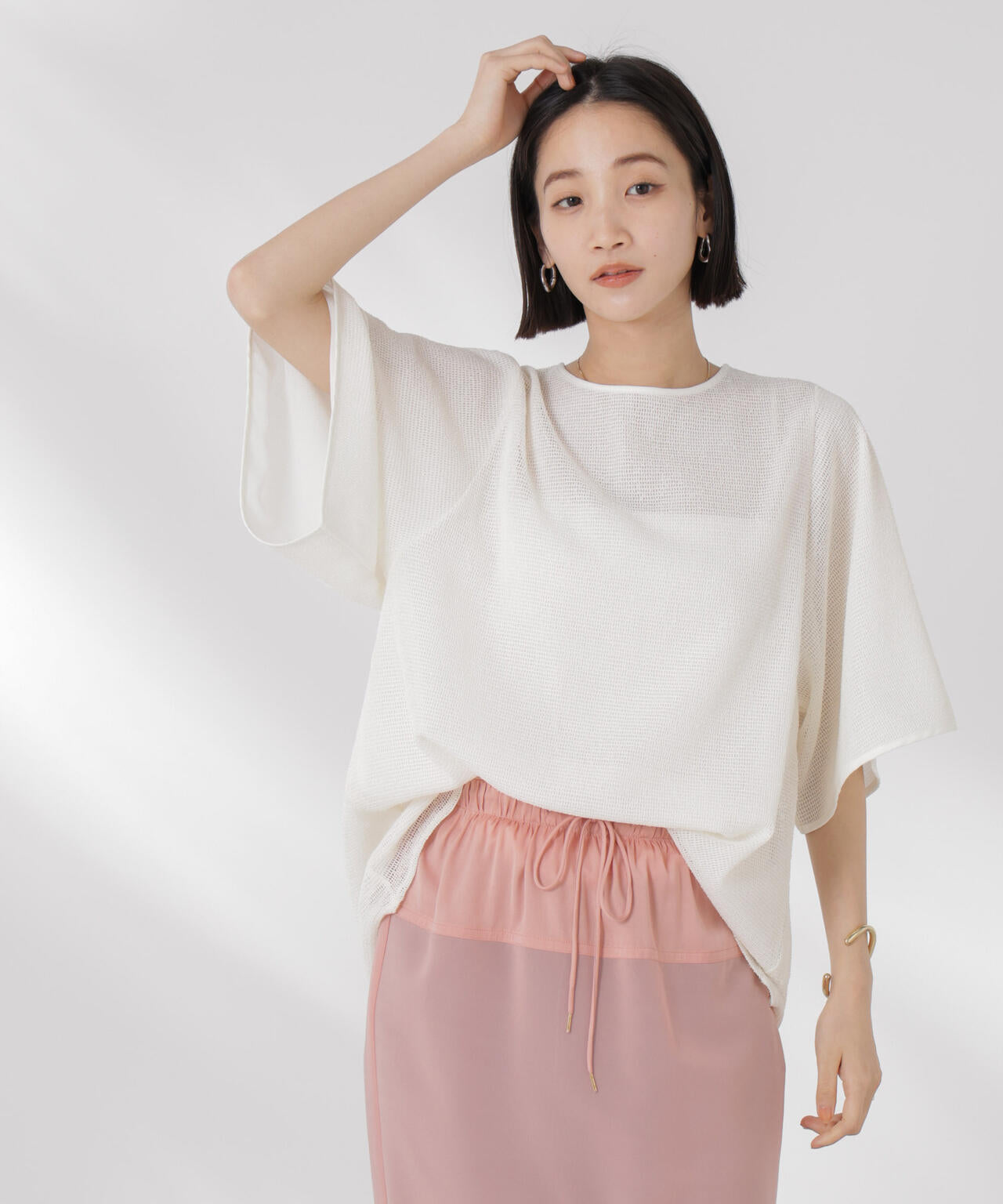 メッシュ×シフォンコンビチュニックトップス