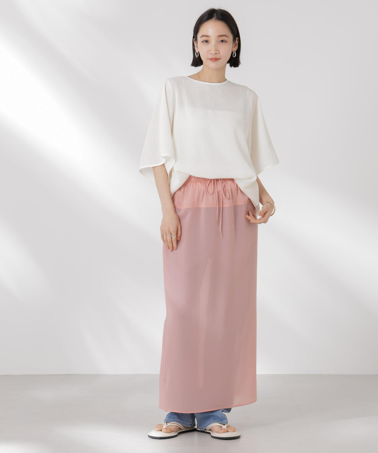 メッシュ×シフォンコンビチュニックトップス