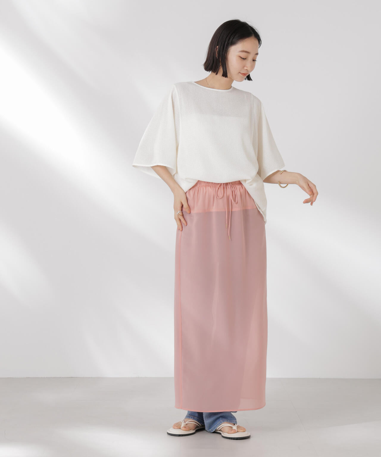 メッシュ×シフォンコンビチュニックトップス