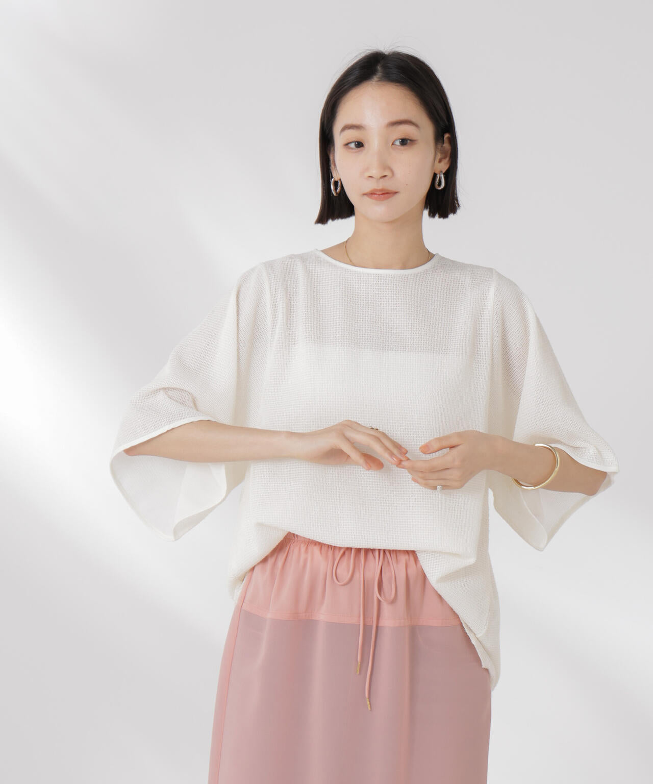 メッシュ×シフォンコンビチュニックトップス