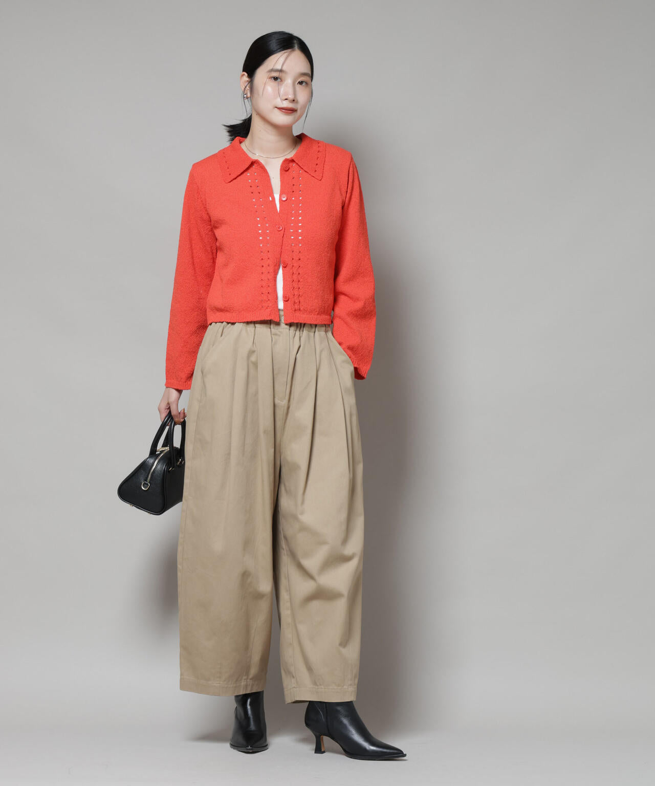 衿付アイレットクロップドニットカーディガン
