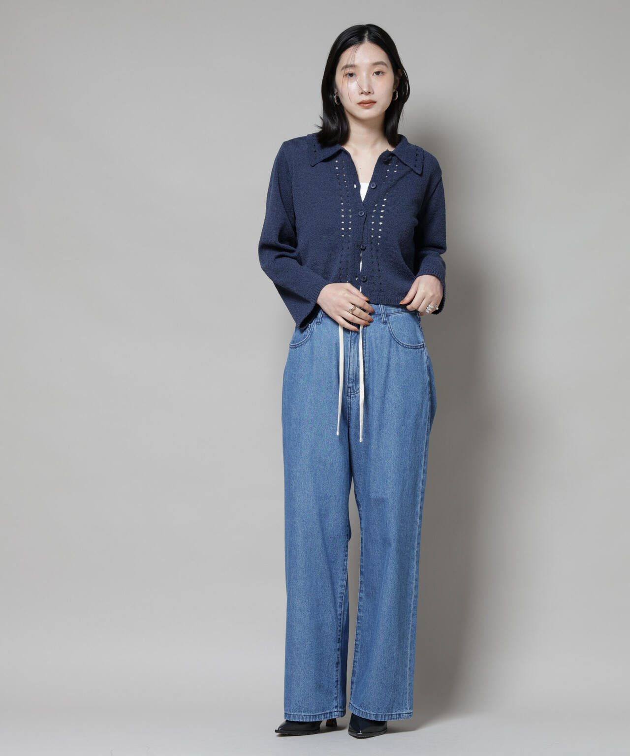 衿付アイレットクロップドニットカーディガン
