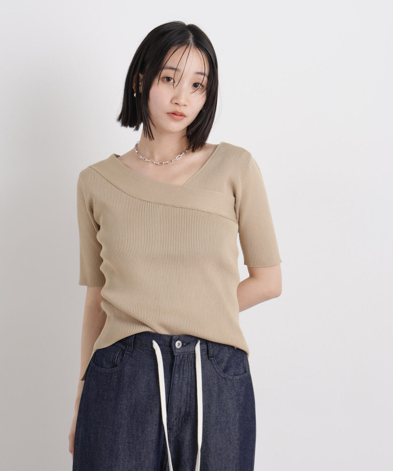 前後2wayボート&アシメネックリブニットトップス