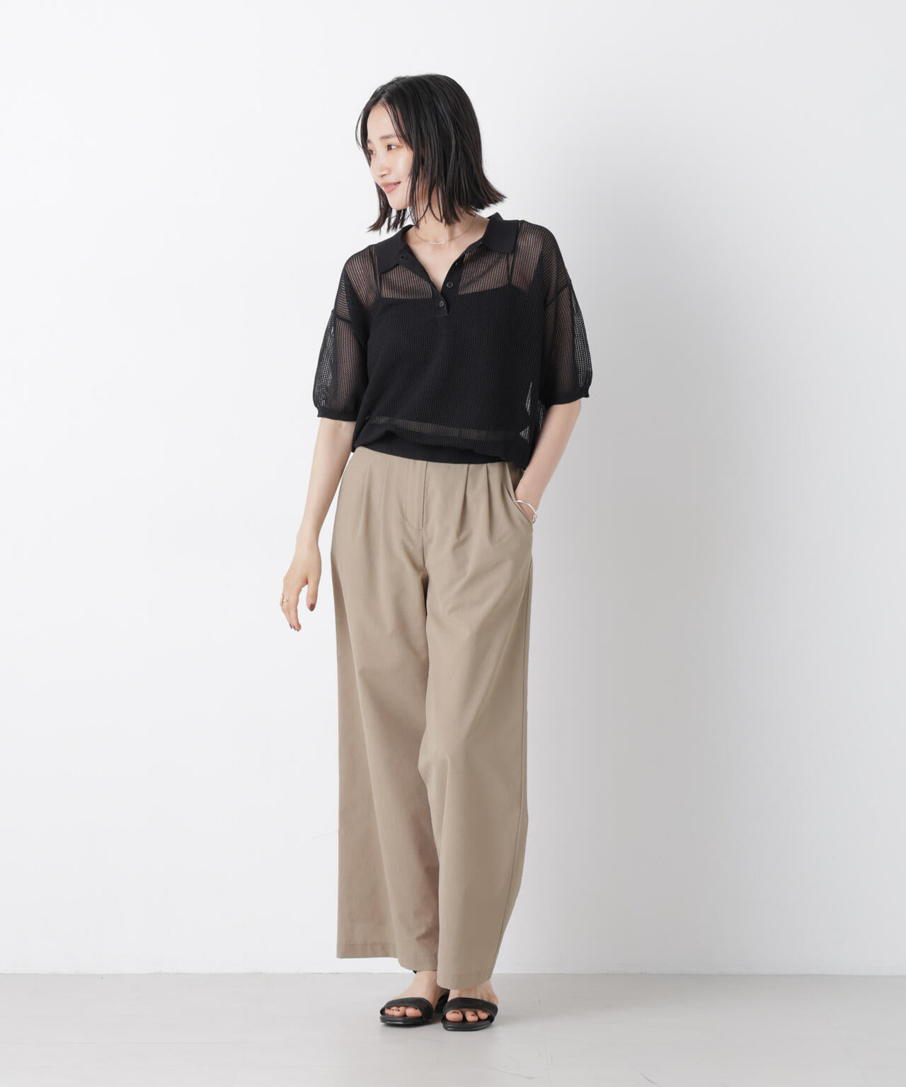 メッシュポロニットトップス