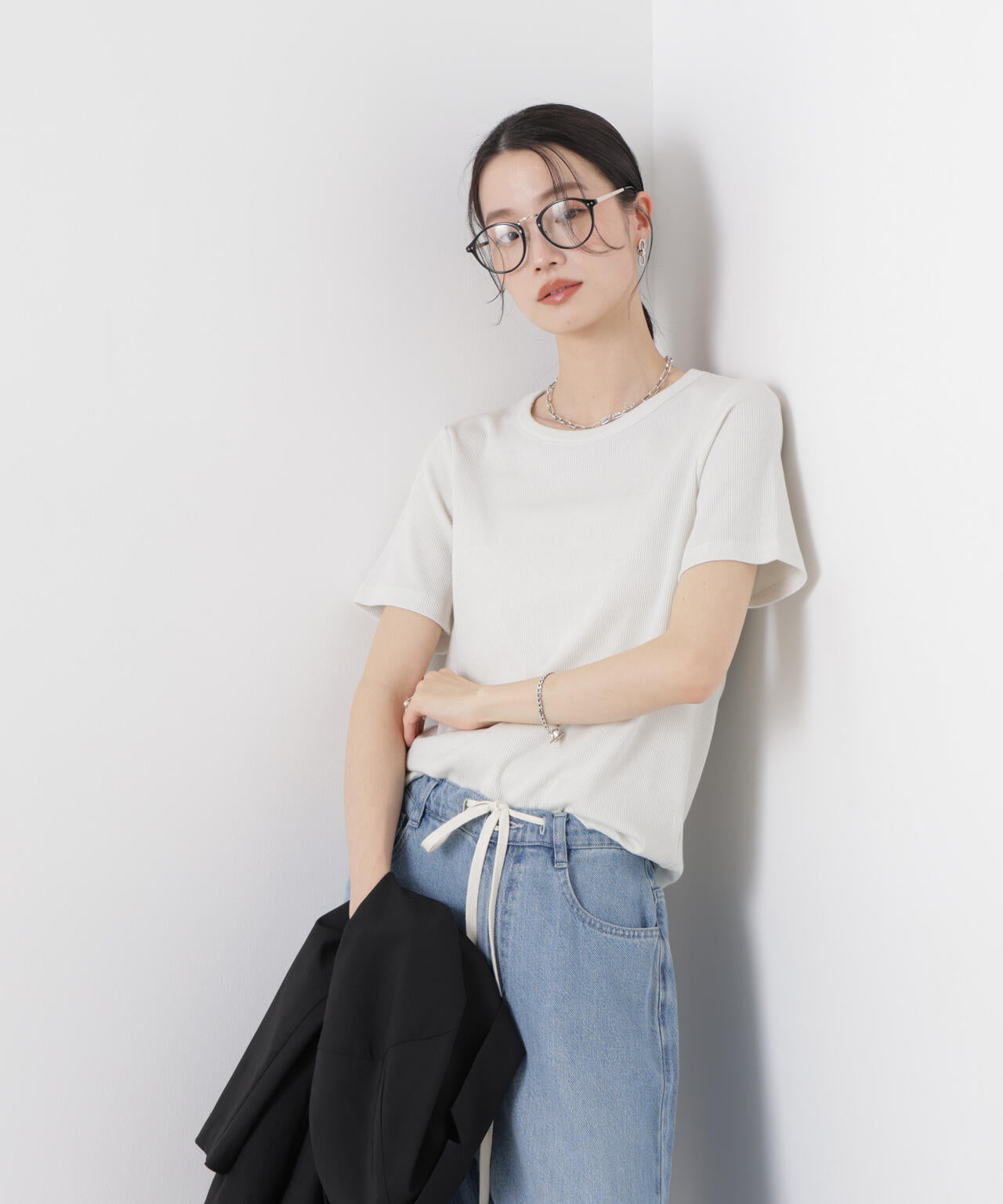 ラメリブカットクルーネックTシャツ