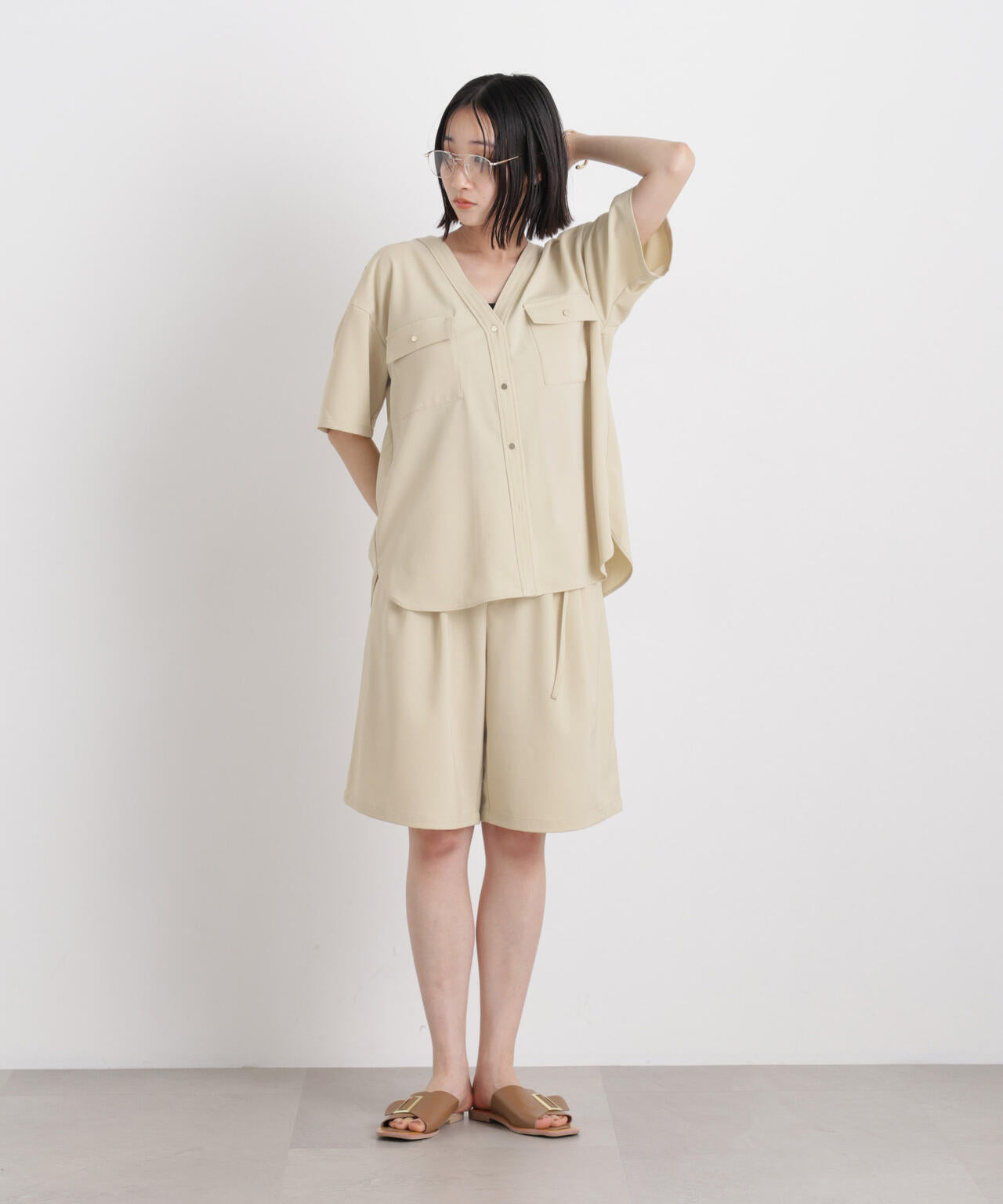 メランジストレッチベルト付ハーフパンツ(セットアップ可)