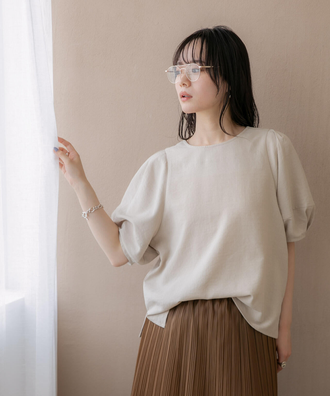 WEB限定/多機能素材 前後2wayランタンスリーブクルーブラウス(セットアップ可)