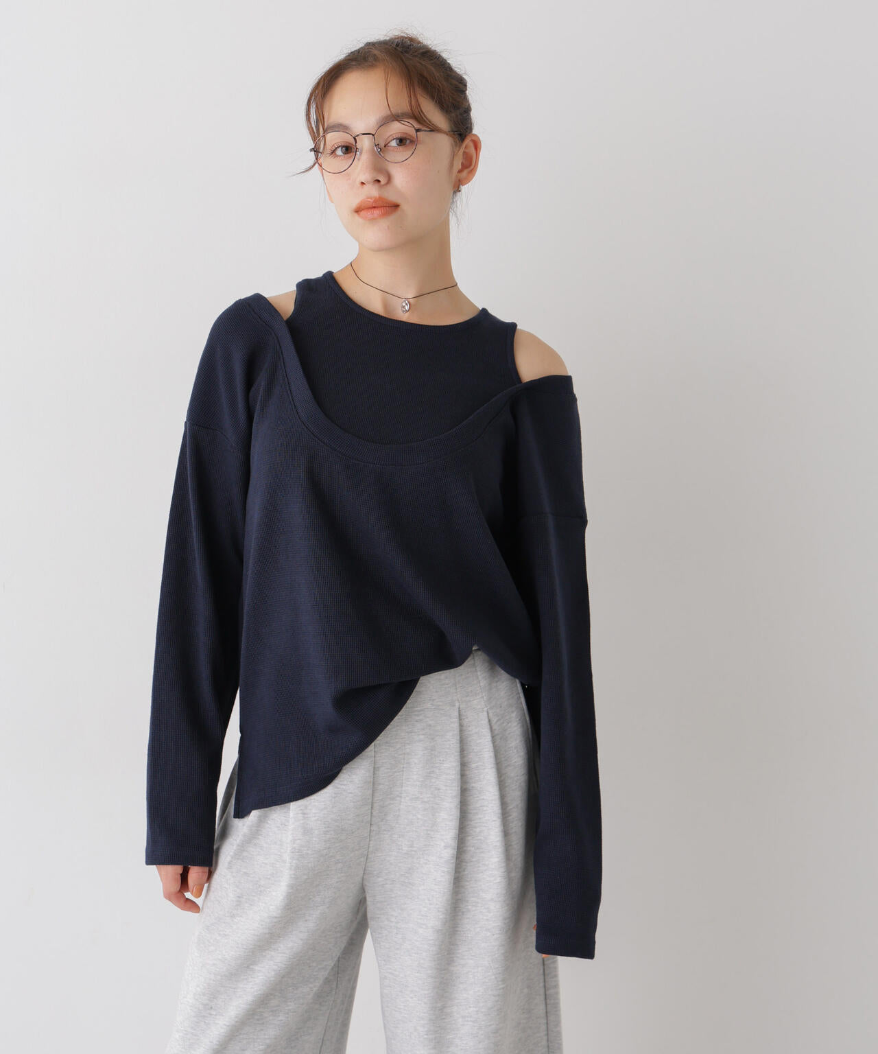 フェイクレイヤードワッフルカットトップス