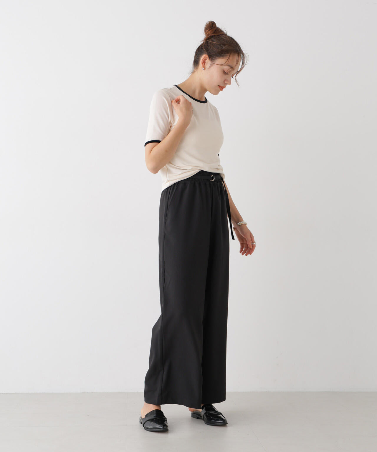 ベルト付きツイルワイドパンツ(セットアップ可)