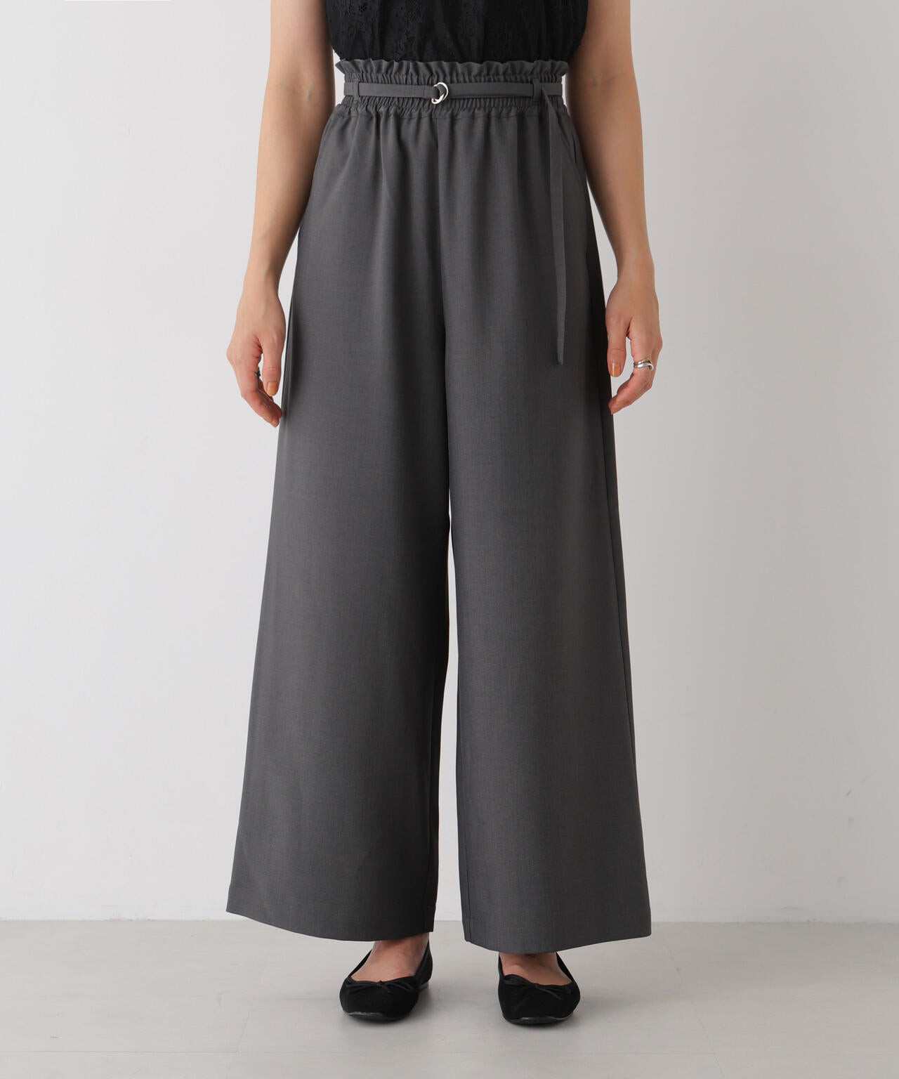 ベルト付きツイルワイドパンツ(セットアップ可)