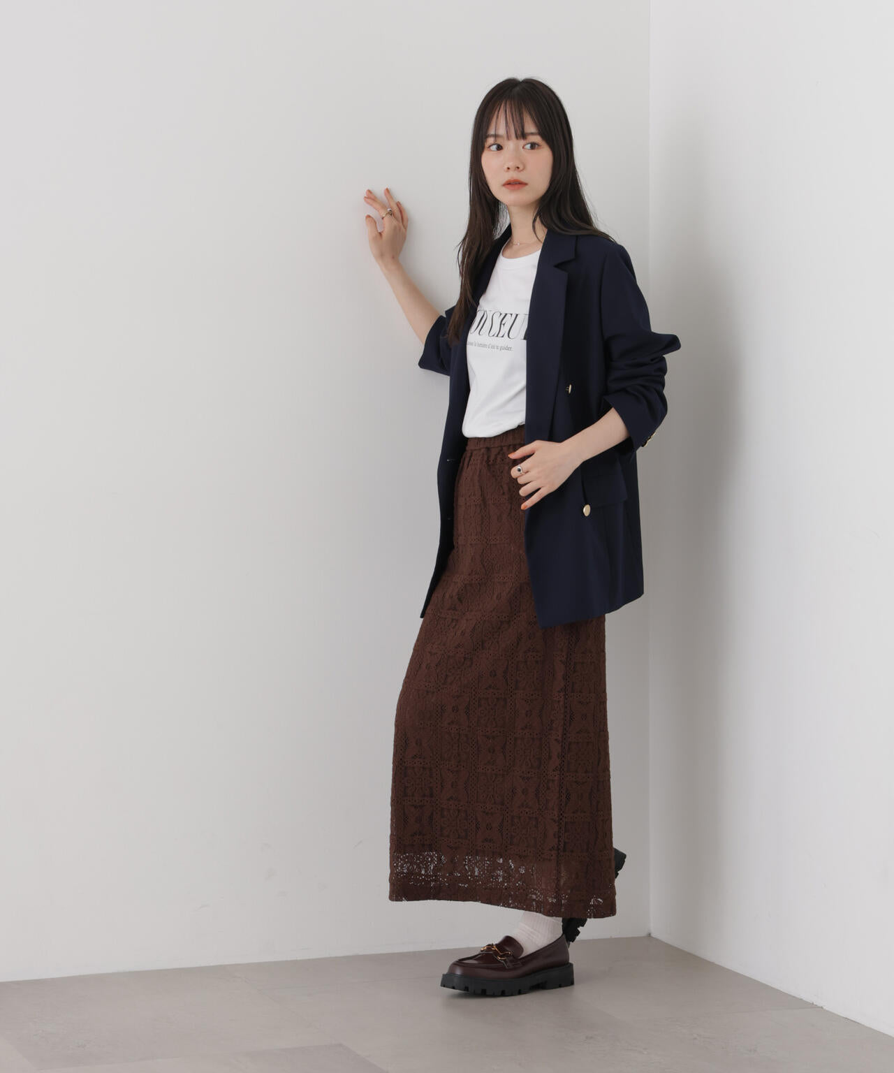 幾何柄レースナロースカート(セットアップ可)