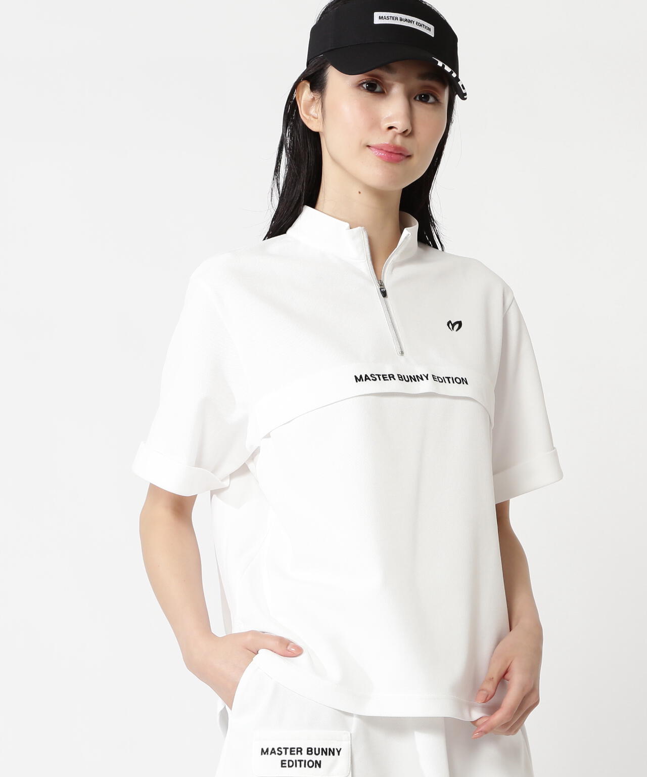 ポリエステルニットドビー半袖ハーフジップアップカットソー