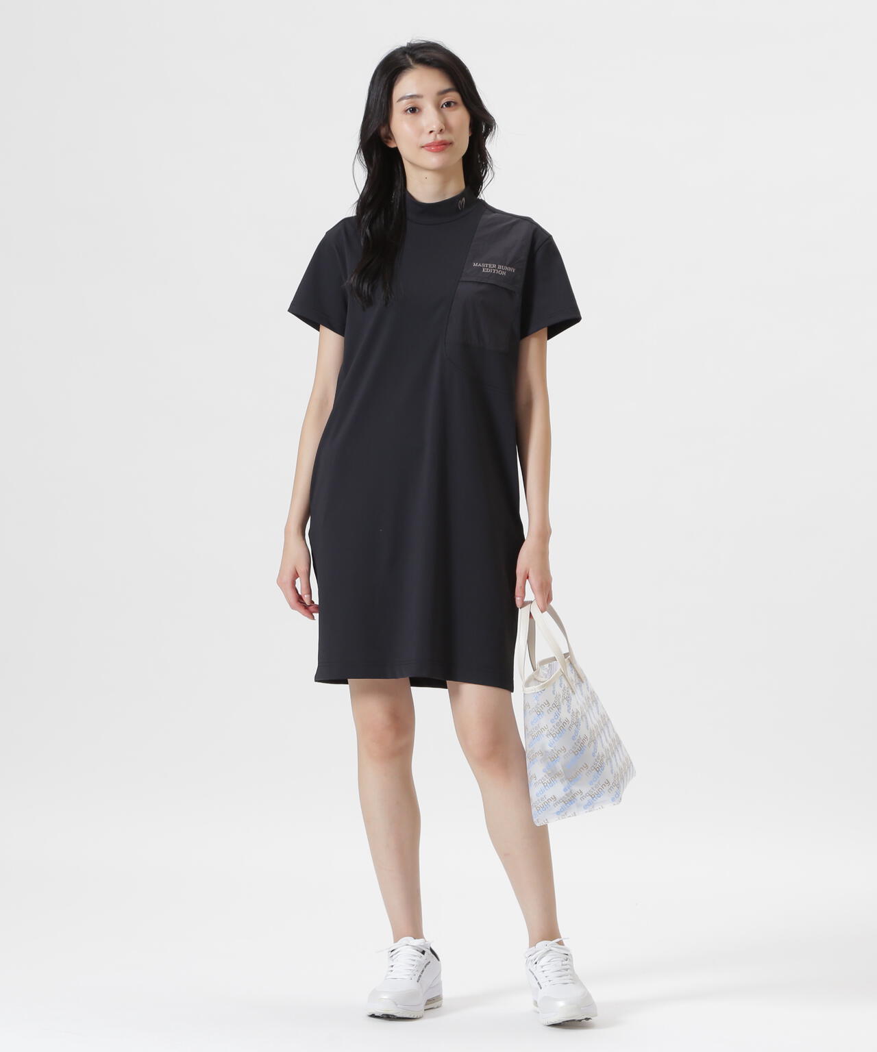 トリコットメッシュ半袖モックネックワンピース (WOMENS)