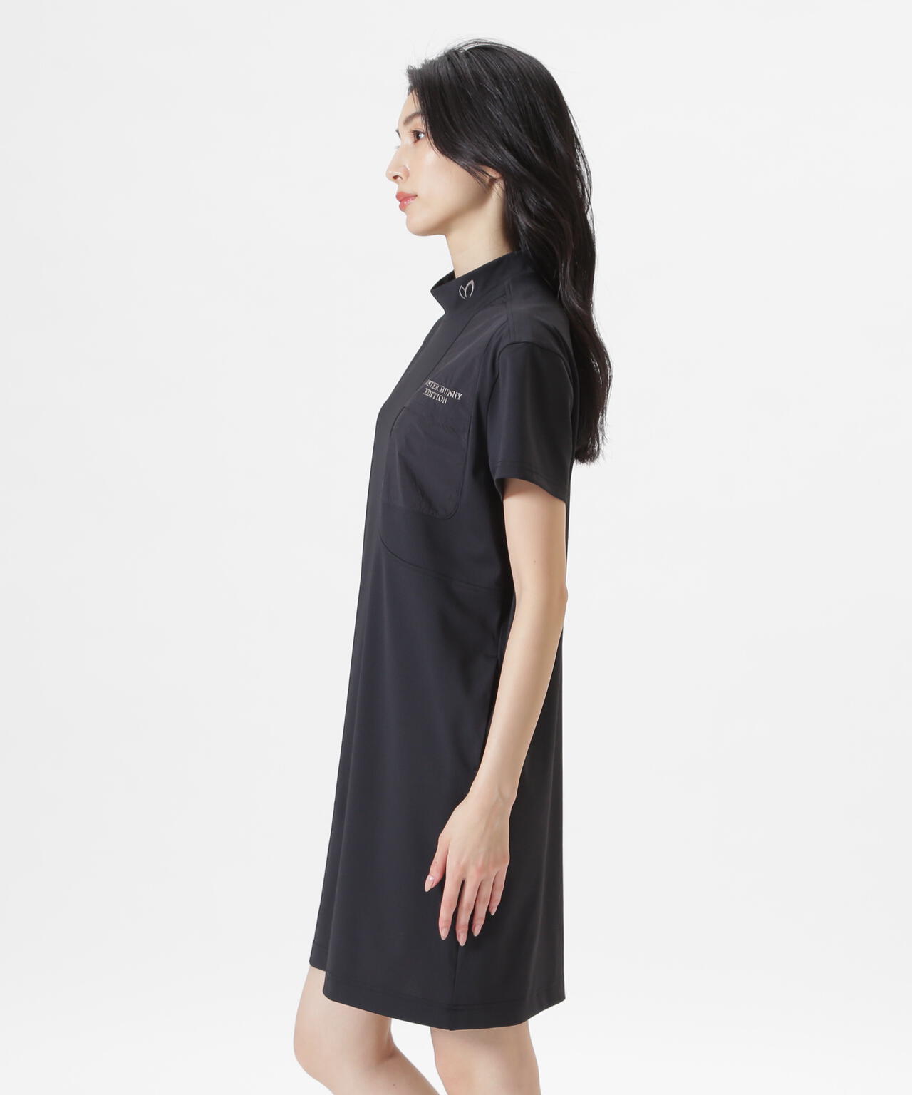 トリコットメッシュ半袖モックネックワンピース (WOMENS)