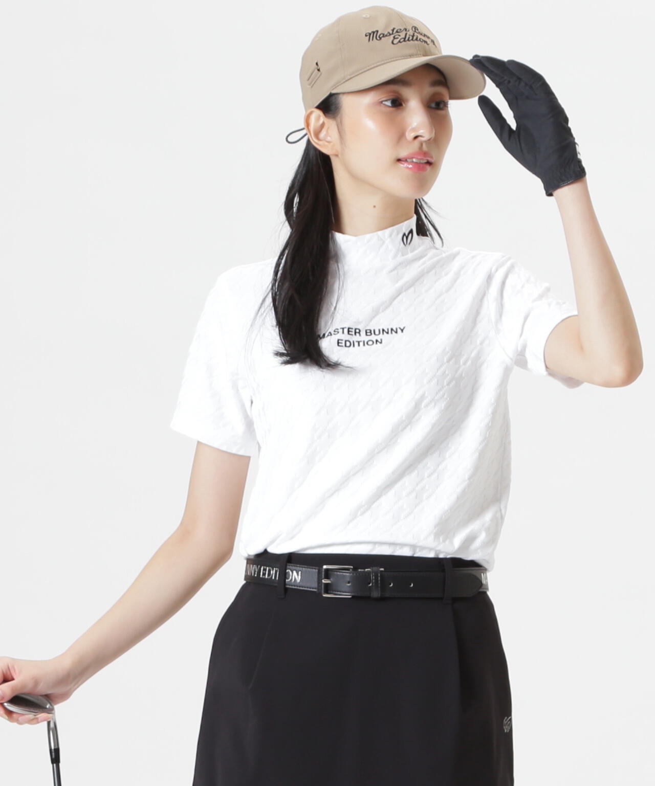 千鳥凹凸ジャガード半袖ハイネックカットソー