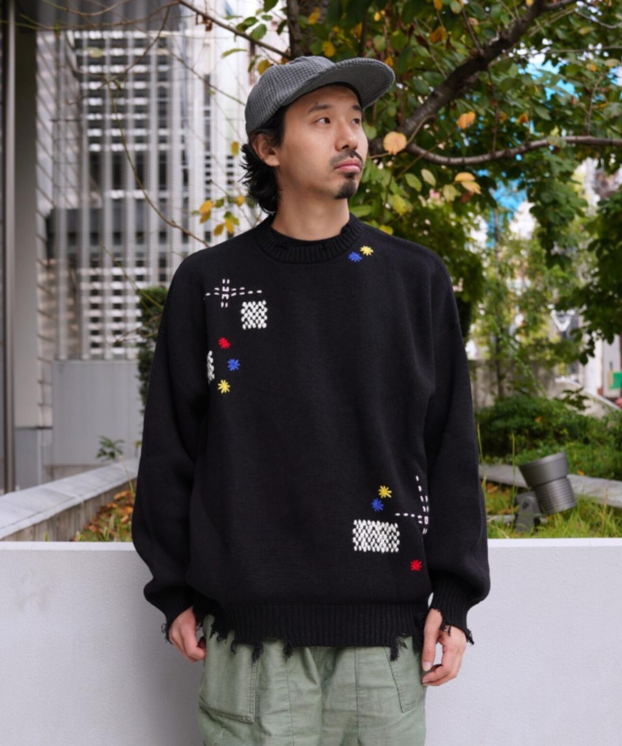 B omnivore/ビーオムニボー HAND STITCH CREWNECK KNIT ハンドステッチクルーネックニット