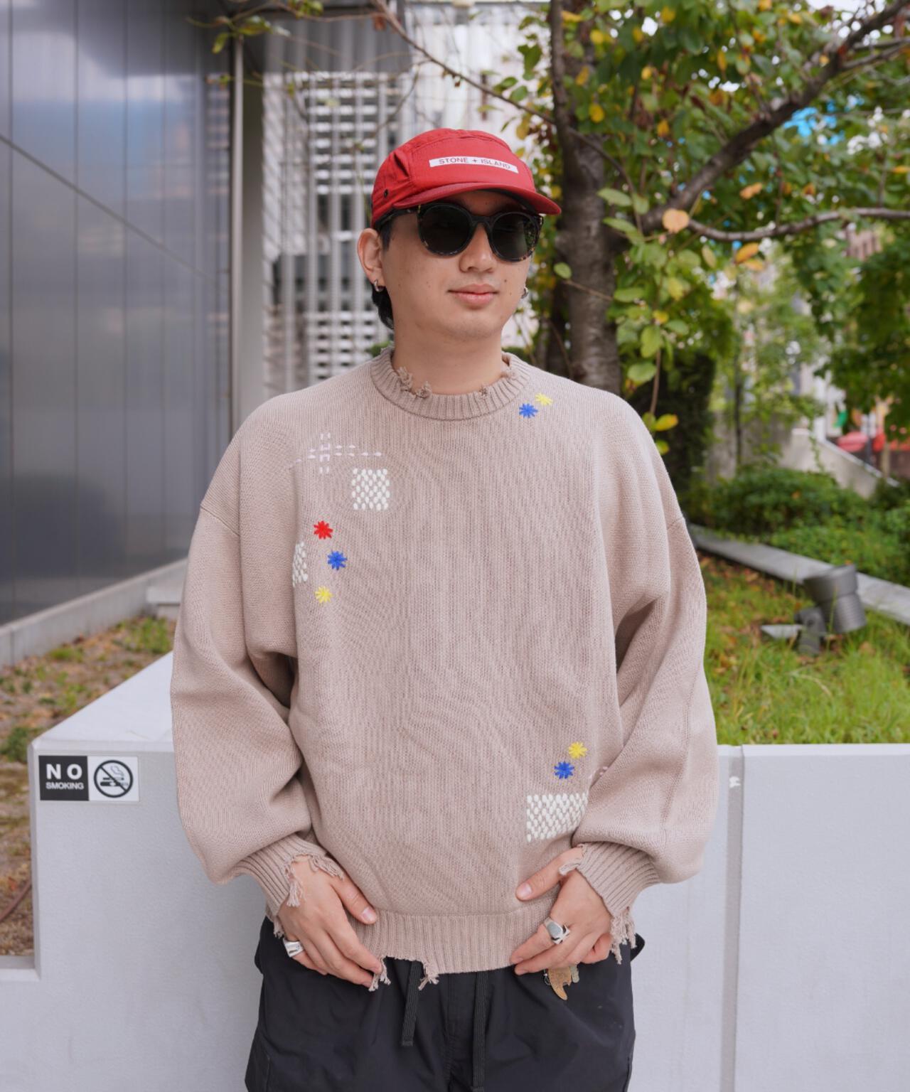 B omnivore/ビーオムニボー HAND STITCH CREWNECK KNIT ハンドステッチクルーネックニット