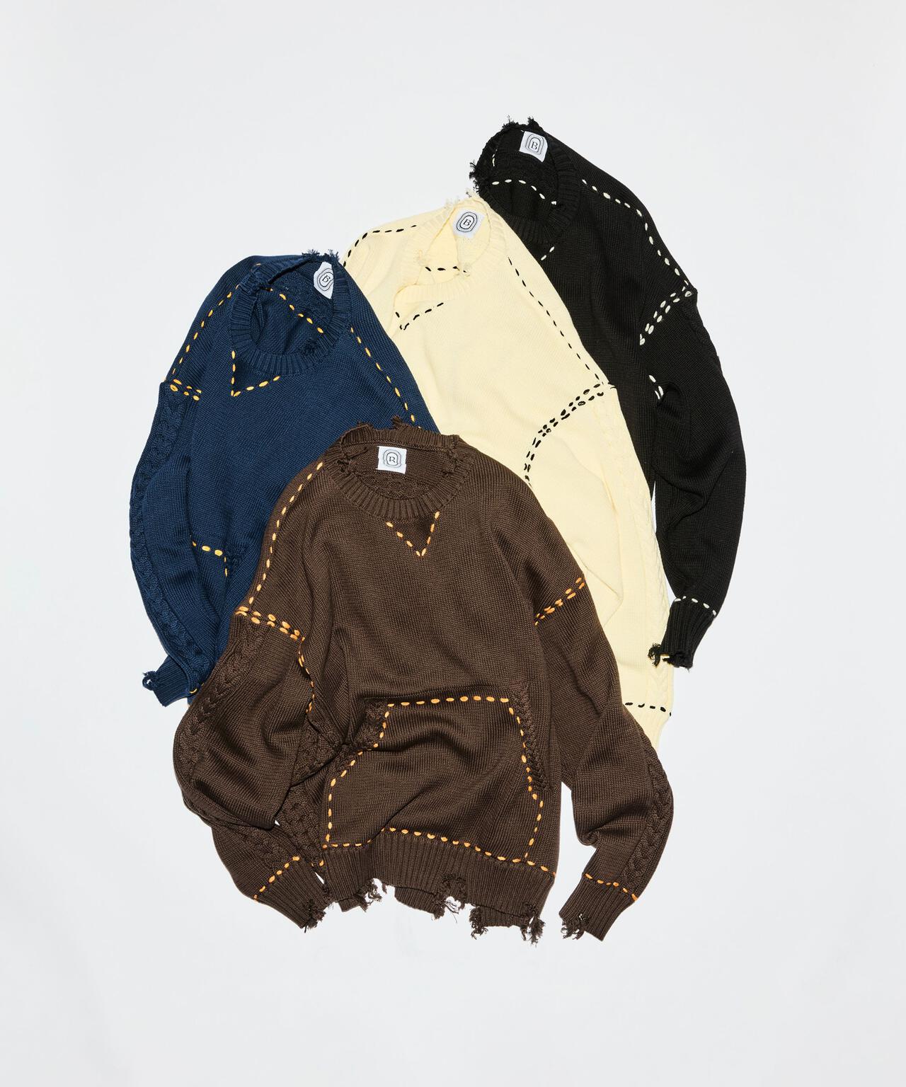 B omnivore/ビーオムニボー HANDSTITCH CABLE KNIT CREWNECK ハンドステッチケーブルニットクルーネック