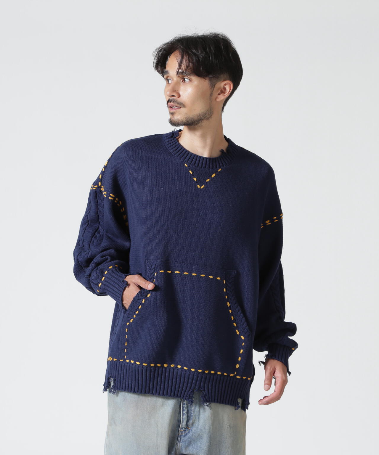 B omnivore/ビーオムニボー HANDSTITCH CABLE KNIT CREWNECK ハンドステッチケーブルニットクルーネック