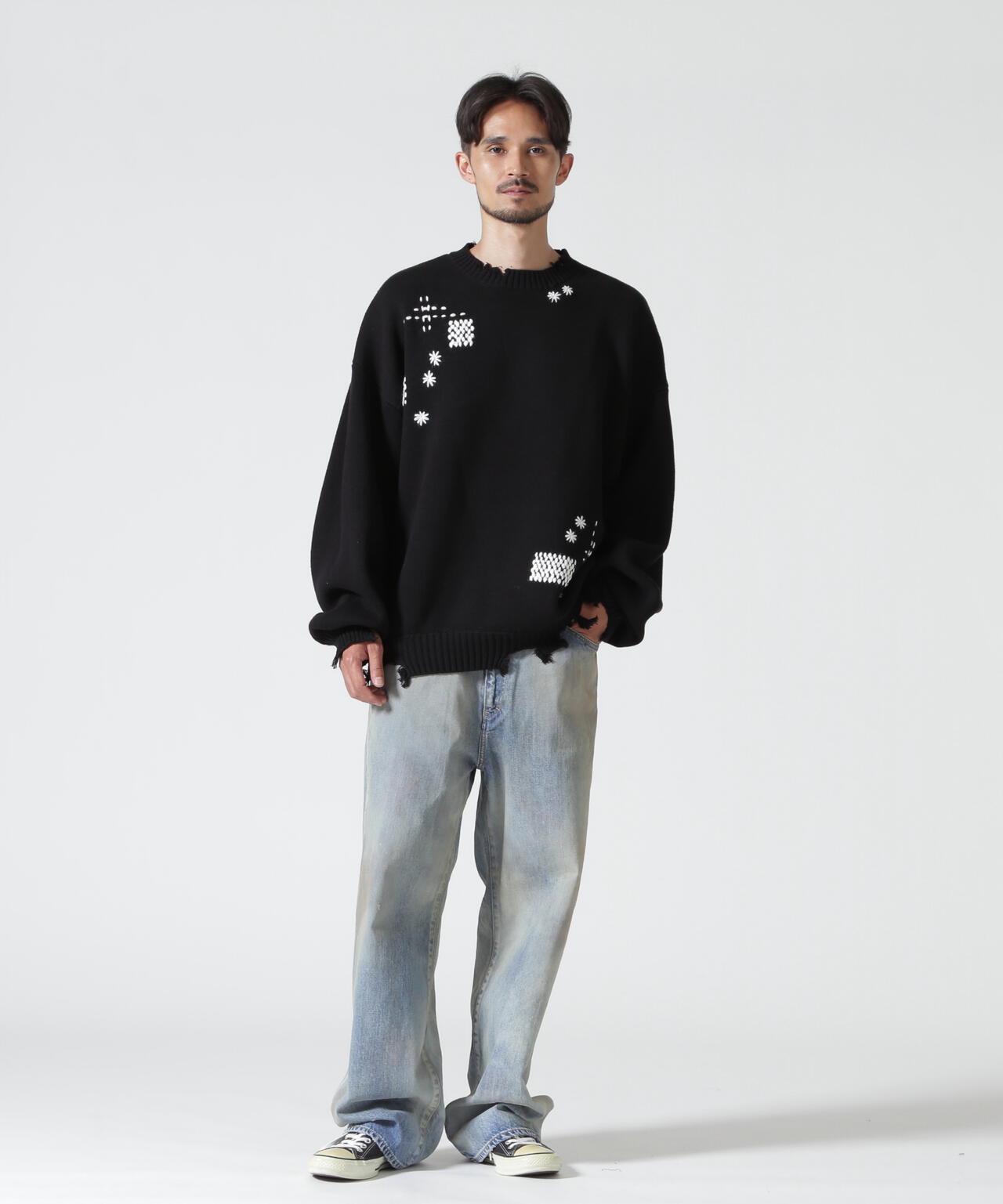 B omnivore/ビーオムニボー HAND STITCH CREWNECK KNIT ハンドステッチクルーネックニット