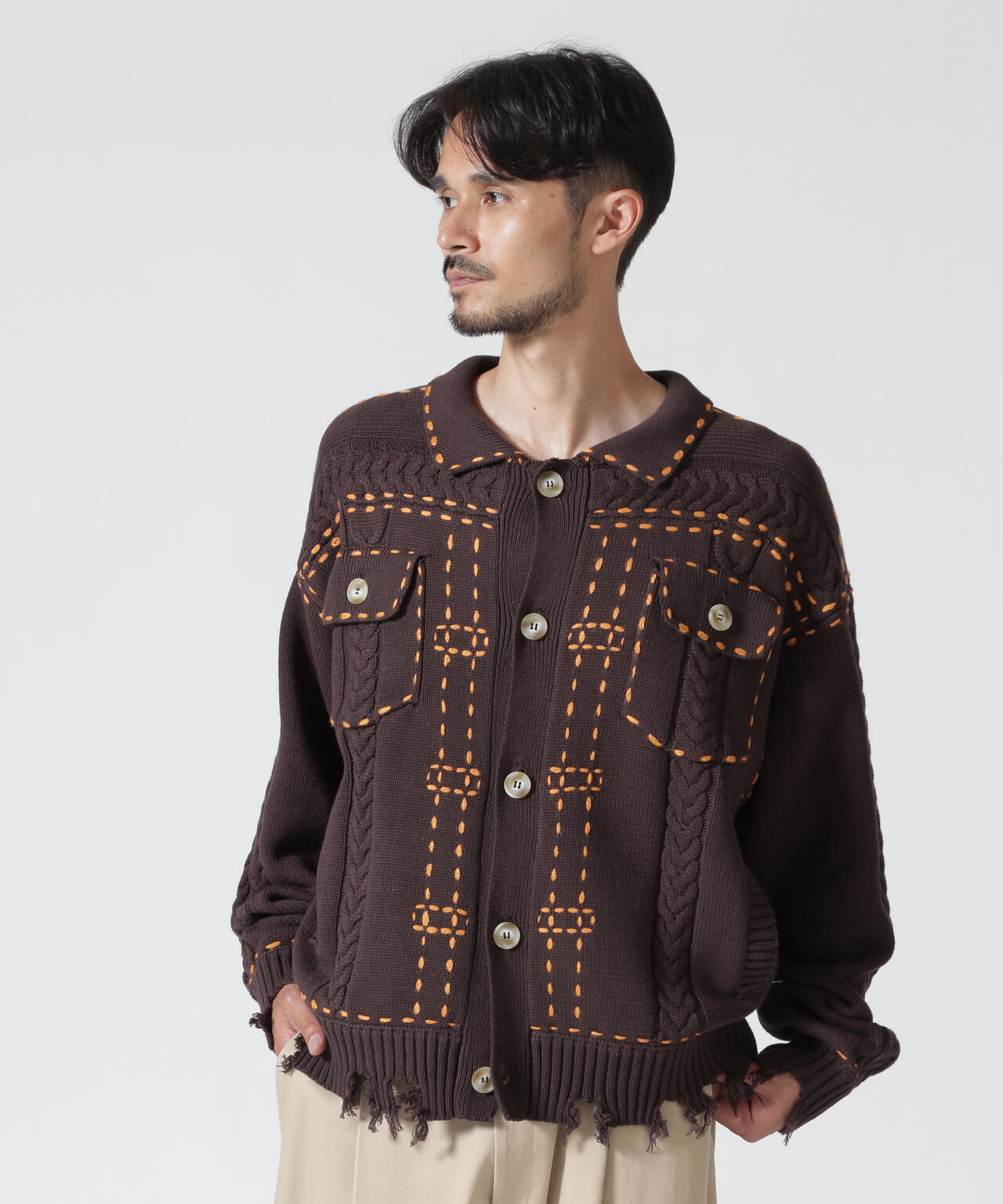B omnivore/ビーオムニボー HANDSTITCH CABLE KNIT JACKET ハンドステッチケーブルニットジャケット
