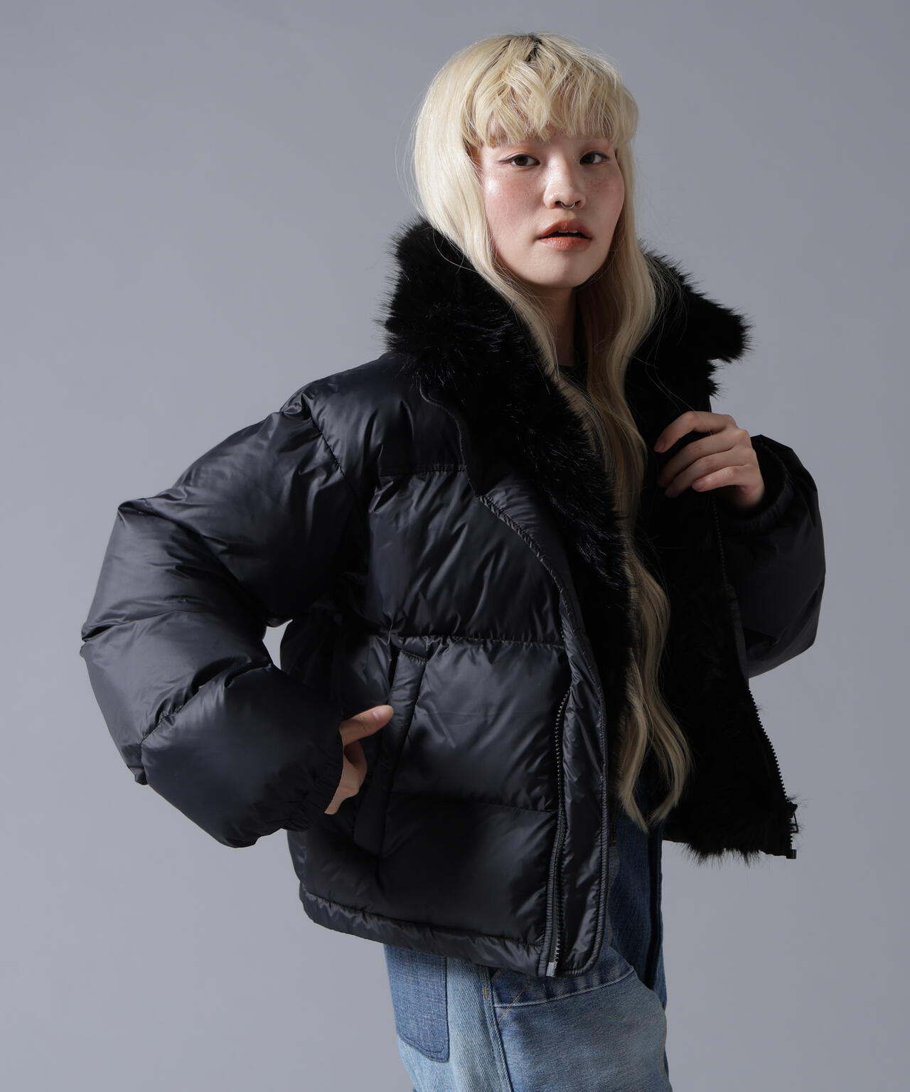 B omnivore/ビーオムニボー NYLON FUR STAND BLOUSON