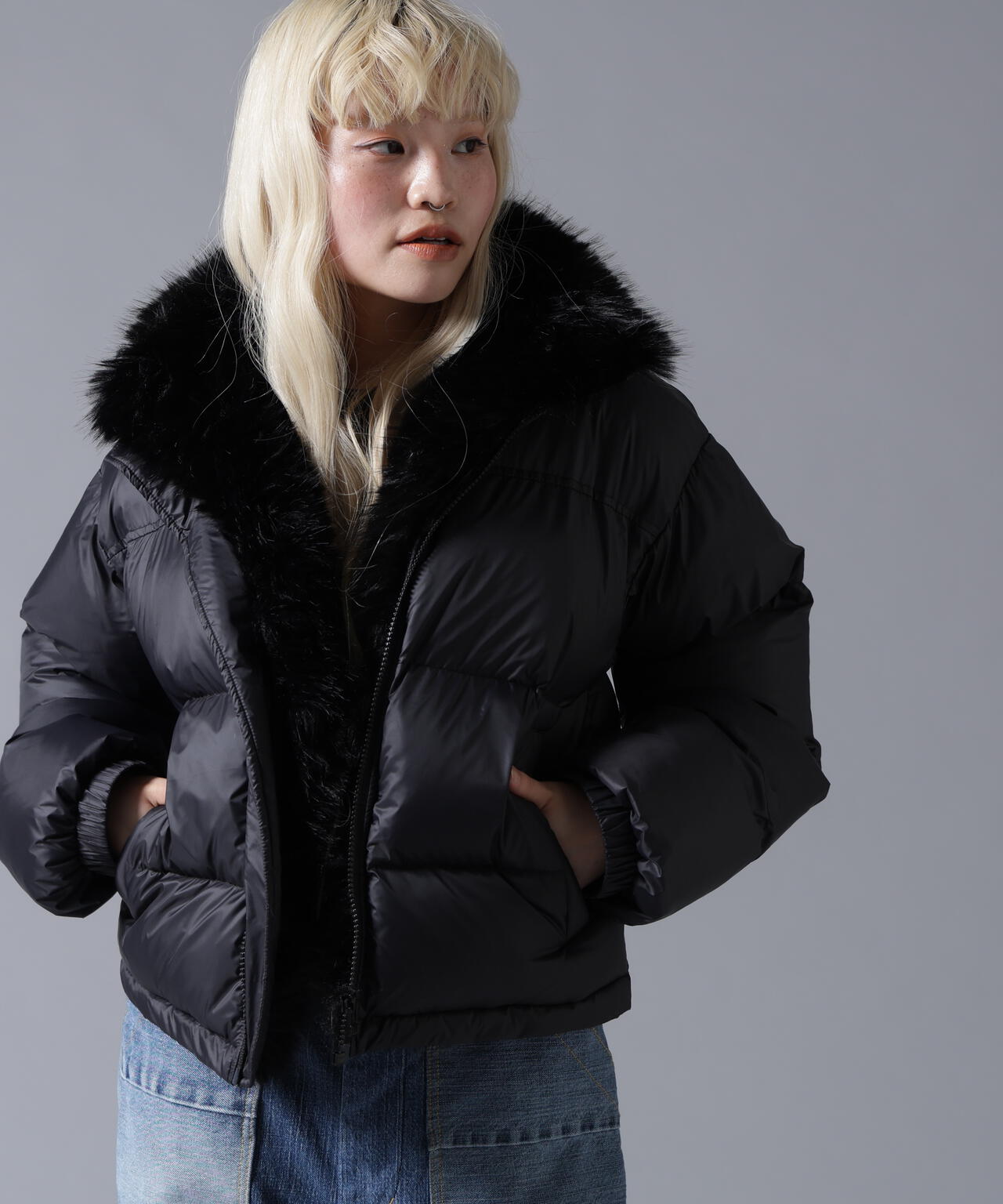B omnivore/ビーオムニボー NYLON FUR STAND BLOUSON