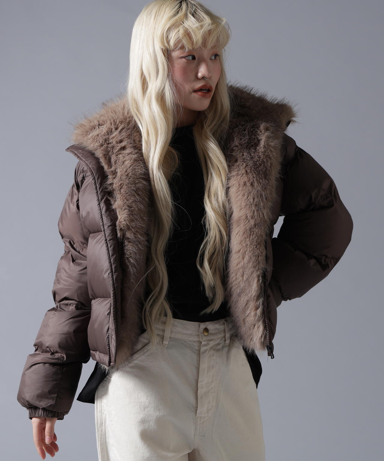 B omnivore/ビーオムニボー NYLON FUR STAND BLOUSON