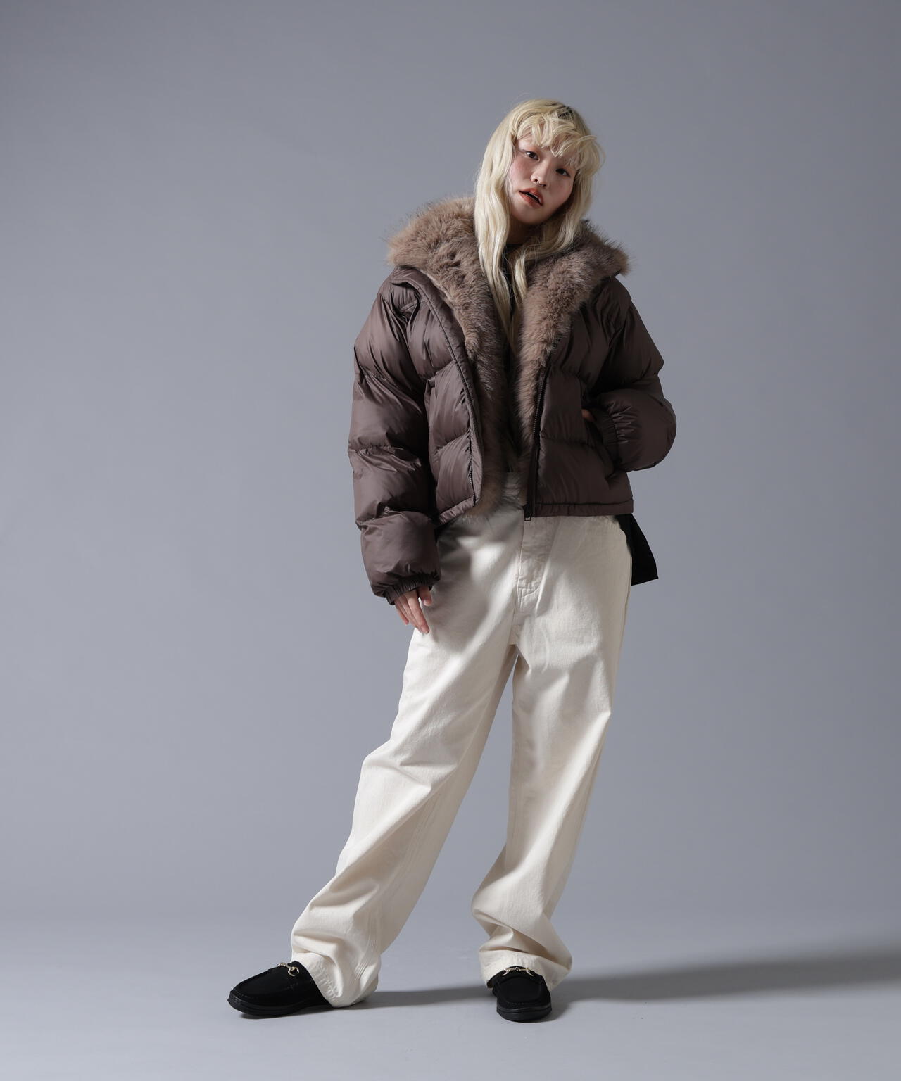 B omnivore/ビーオムニボー NYLON FUR STAND BLOUSON