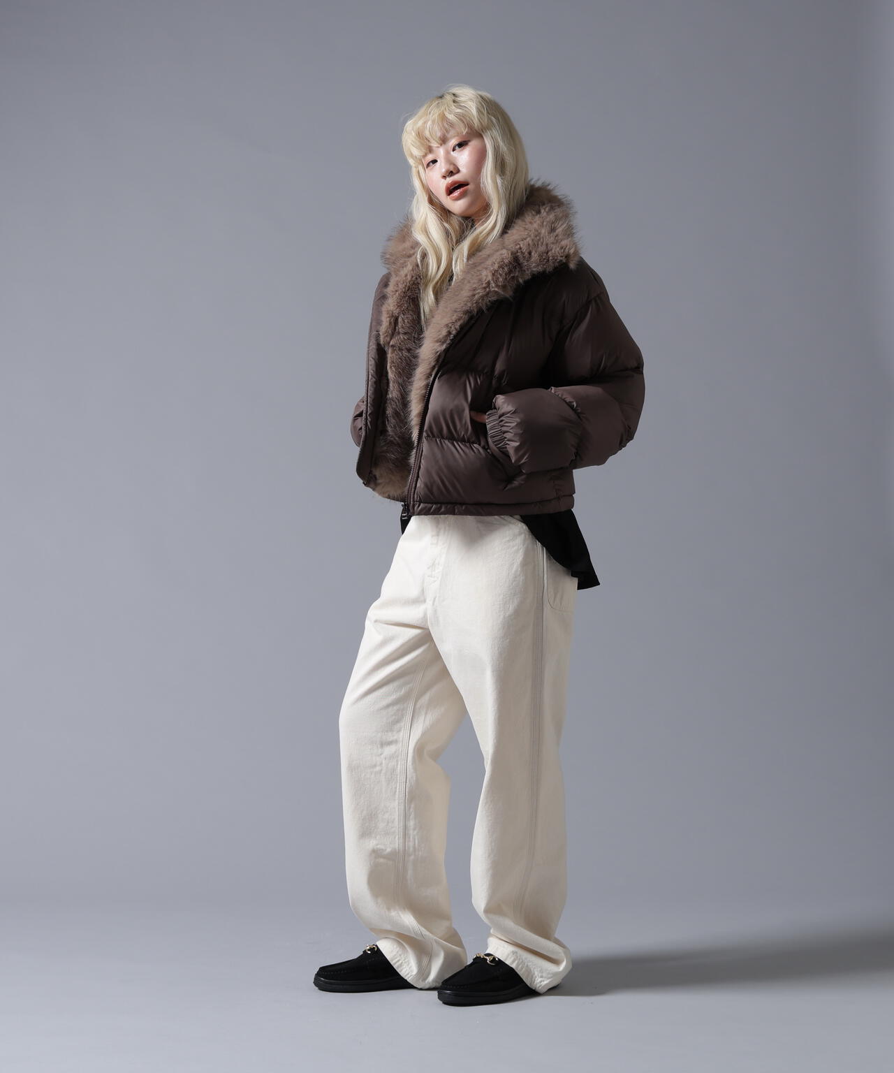 B omnivore/ビーオムニボー NYLON FUR STAND BLOUSON