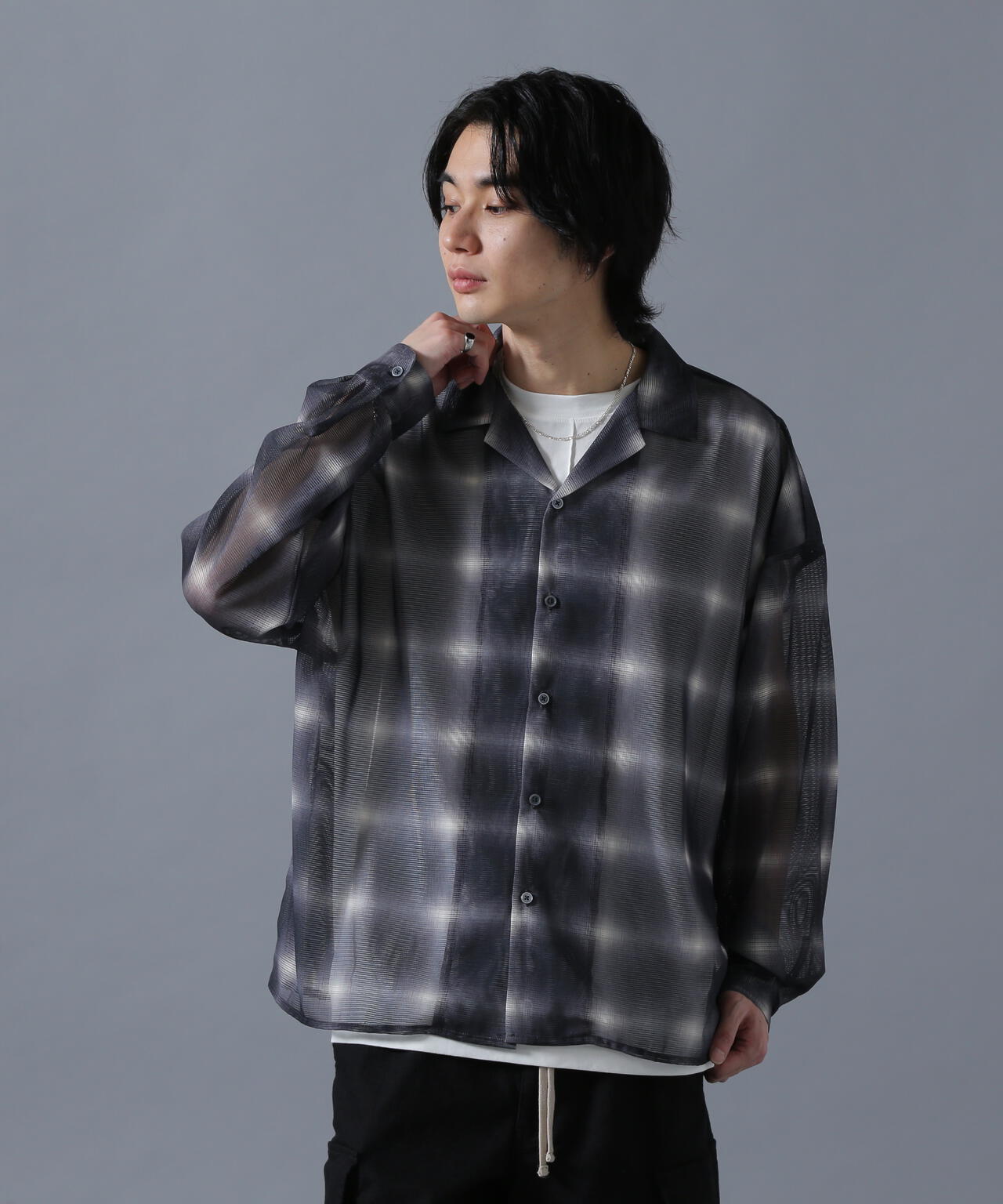 DankrSchon/ダンケシェーン/OMBRE CHECK MESH LONG SLEEVE SHIRT