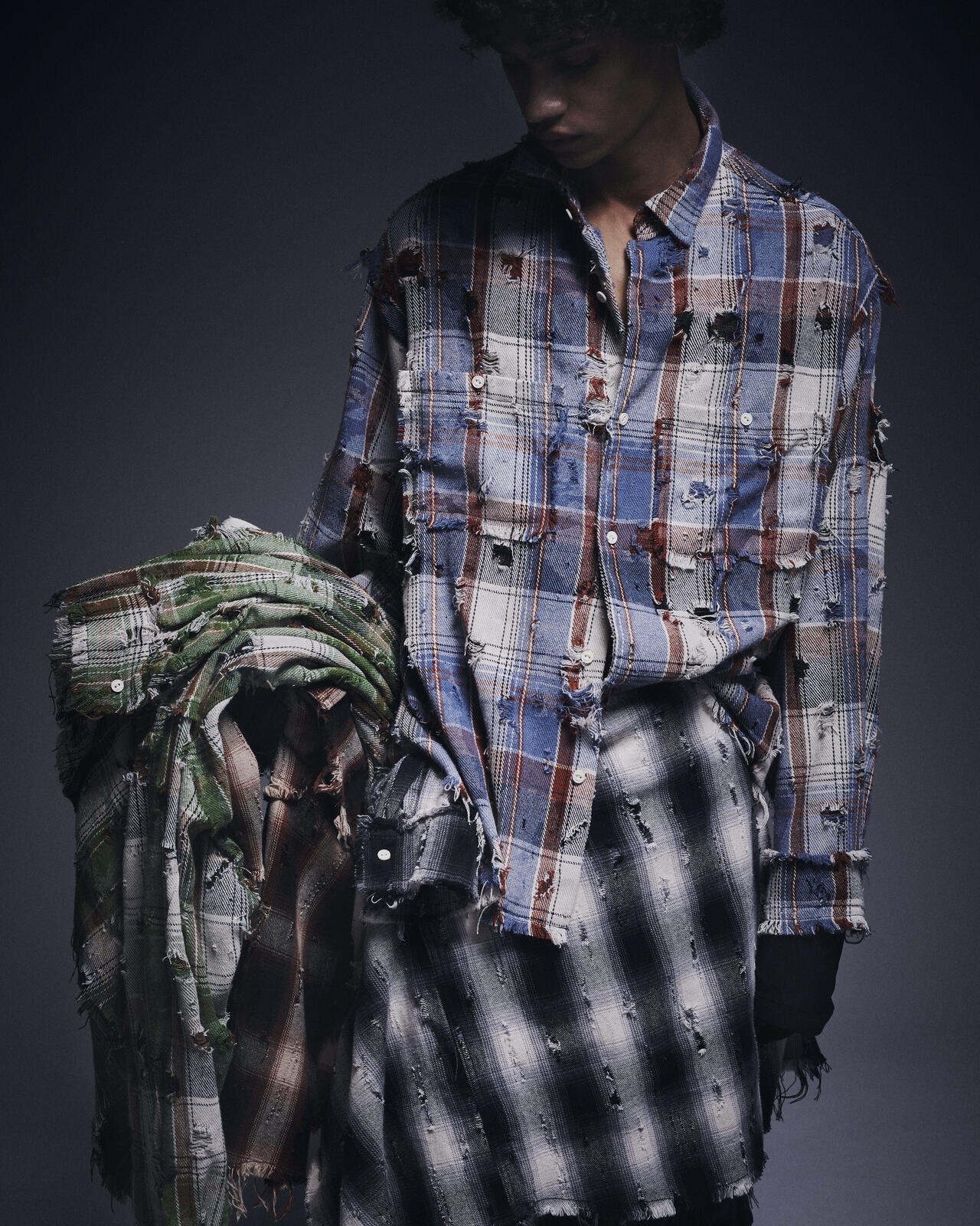 DankeSchon/ダンケシェーン/DAMAGE CAMO CHECK L/S SHIRTS