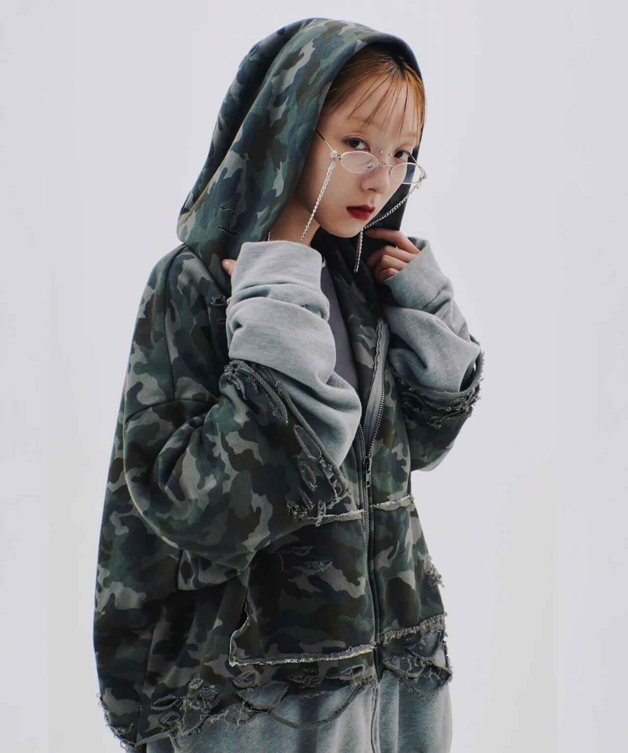 neith./ネイス/Layered Crush Hoodie(Camo×Gray)
