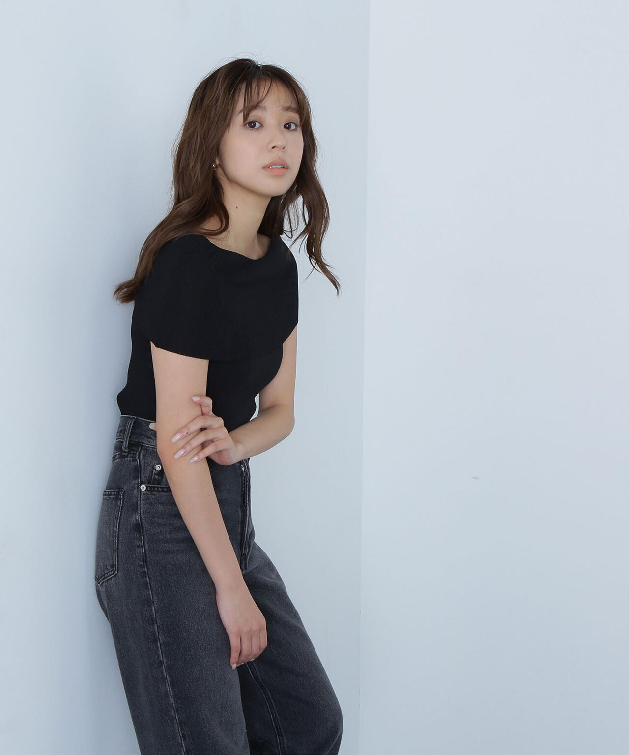 ワイドオフショルリブニット*