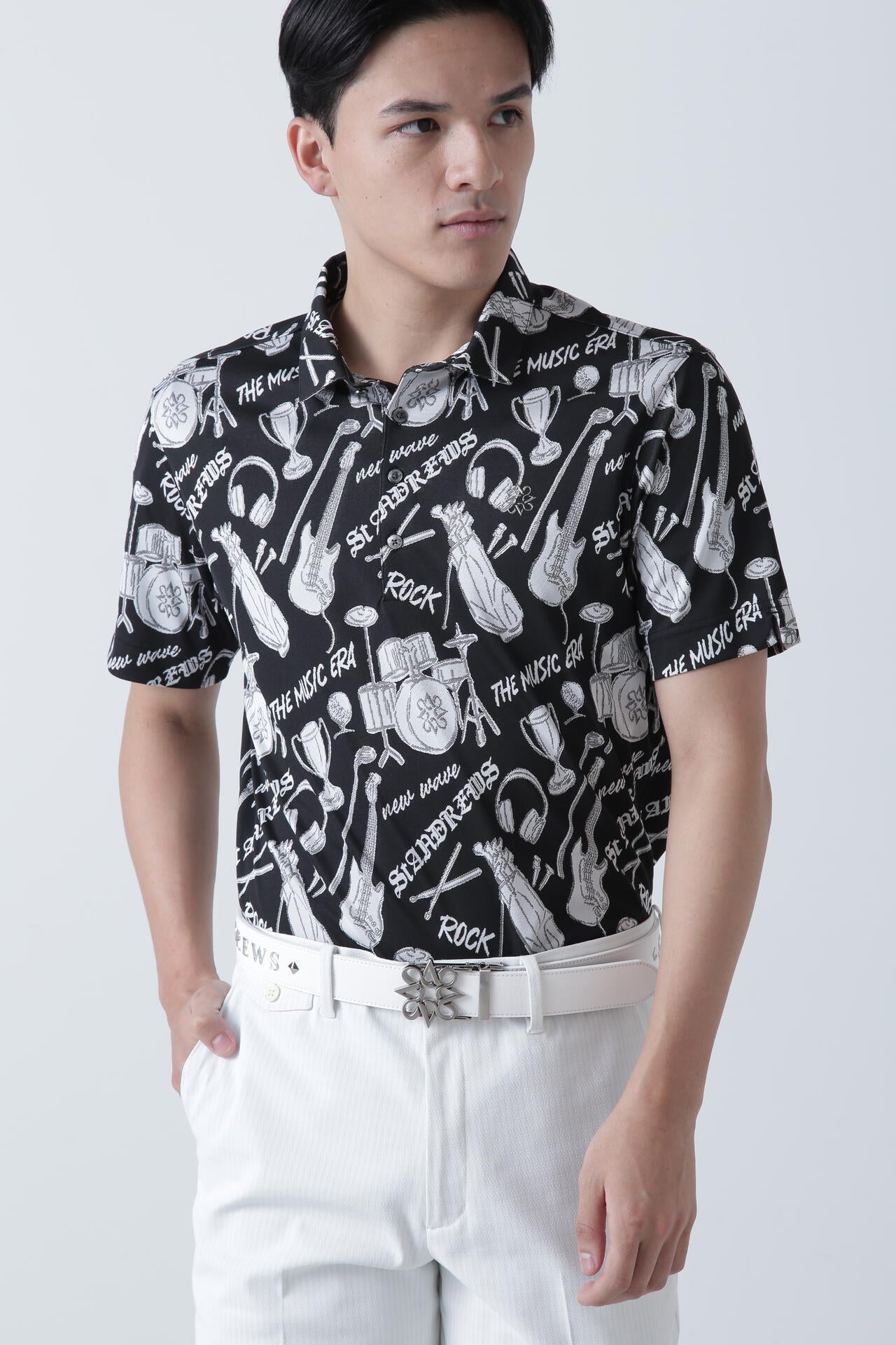 ミュージック柄ジャガード半袖ポロシャツ (MENS)