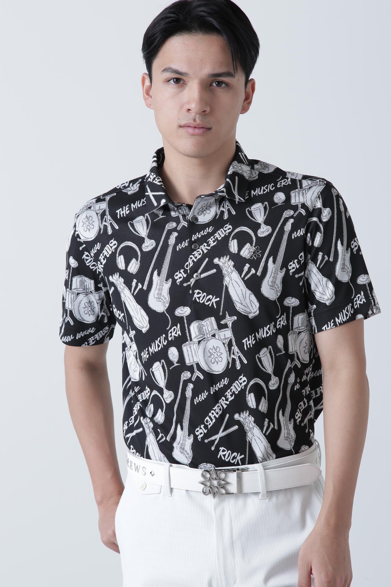 ミュージック柄ジャガード半袖ポロシャツ (MENS)