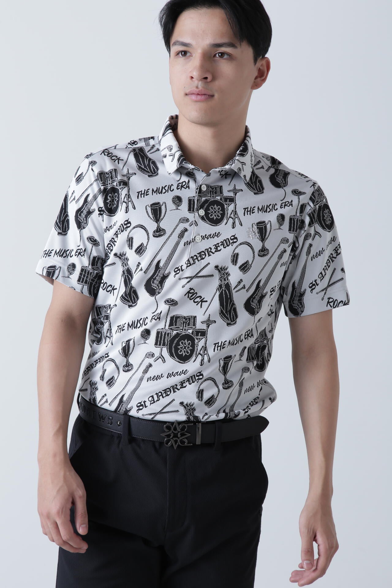 ミュージック柄ジャガード半袖ポロシャツ (MENS)
