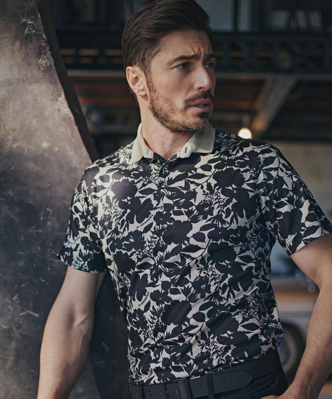 【吸水速乾】COOLMAXシャドーボタニカルプリント半袖ポロシャツ (MENS)