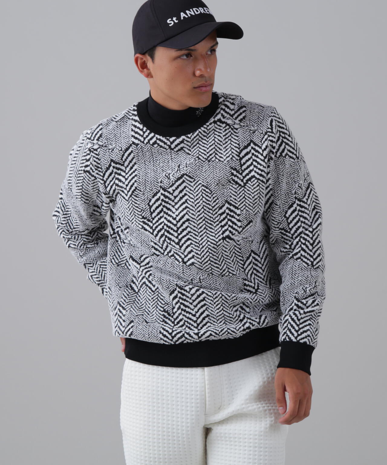 12Gヘリンボーンジャガード裏地付きクルーネックニットプルオーバー (MENS)