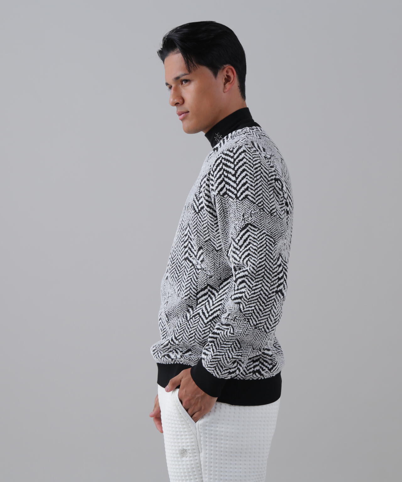 12Gヘリンボーンジャガード裏地付きクルーネックニットプルオーバー (MENS)